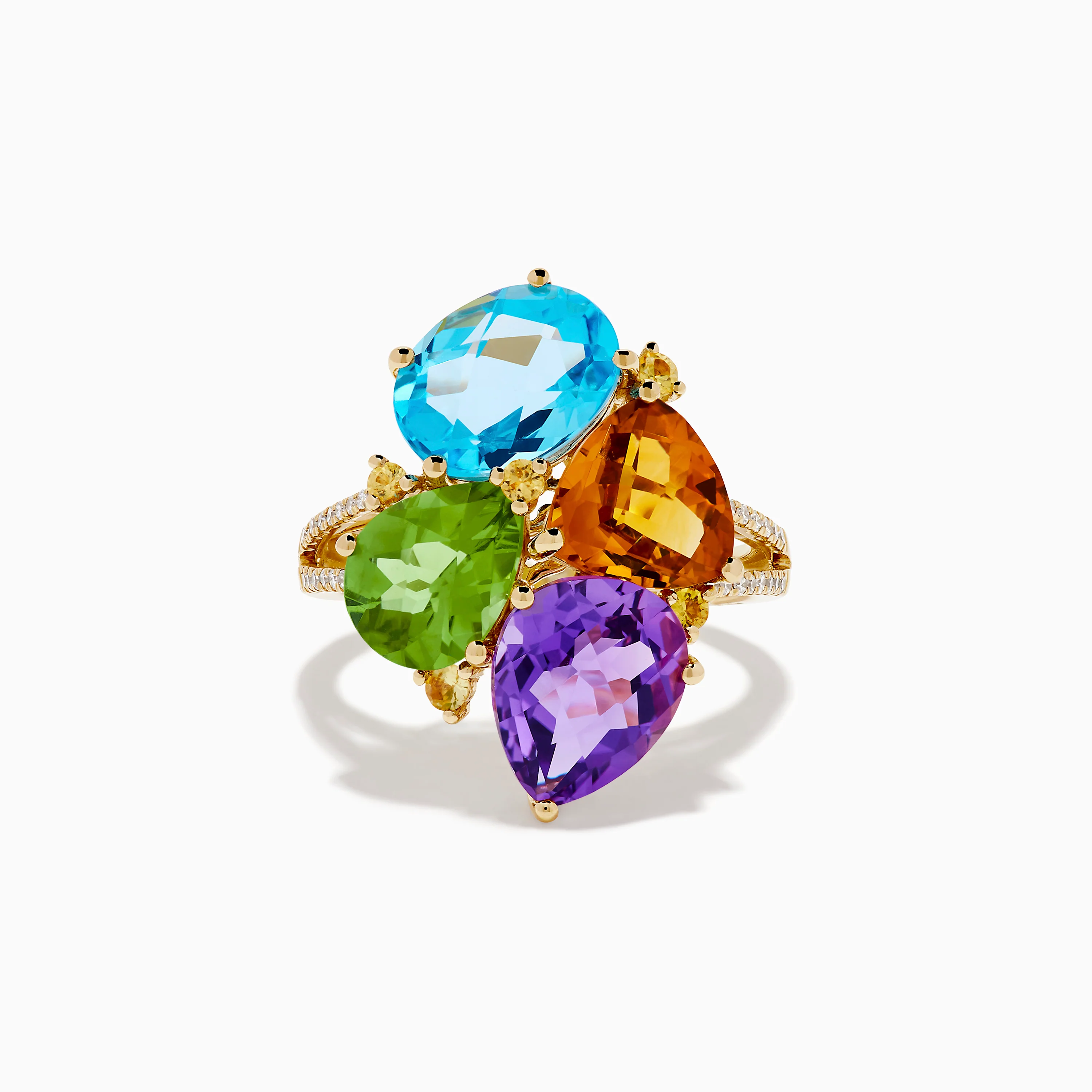 14K Yellow Gold Multi Color Gemstone and Diamond Cluster Ring