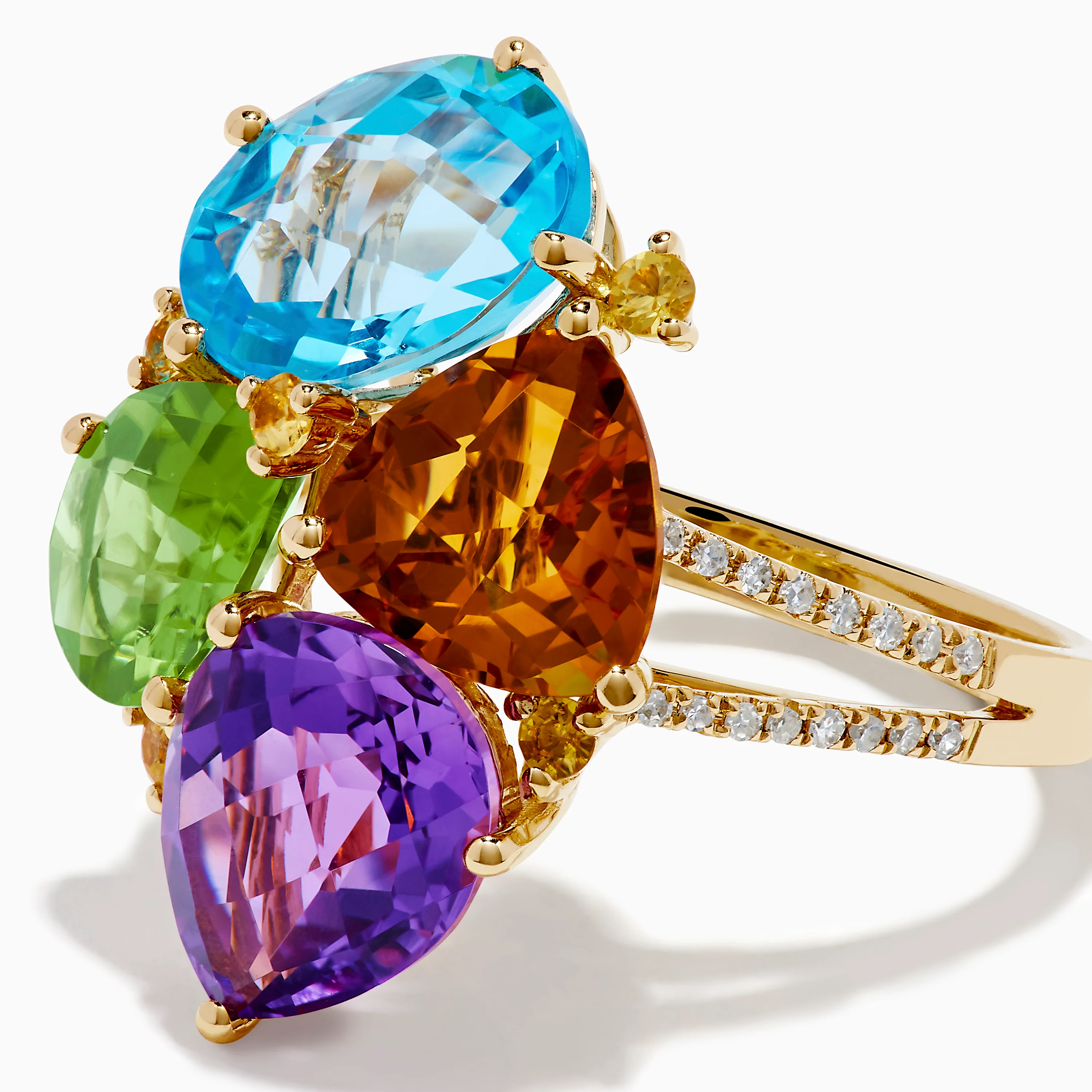 14K Yellow Gold Multi Color Gemstone and Diamond Cluster Ring - Image 2