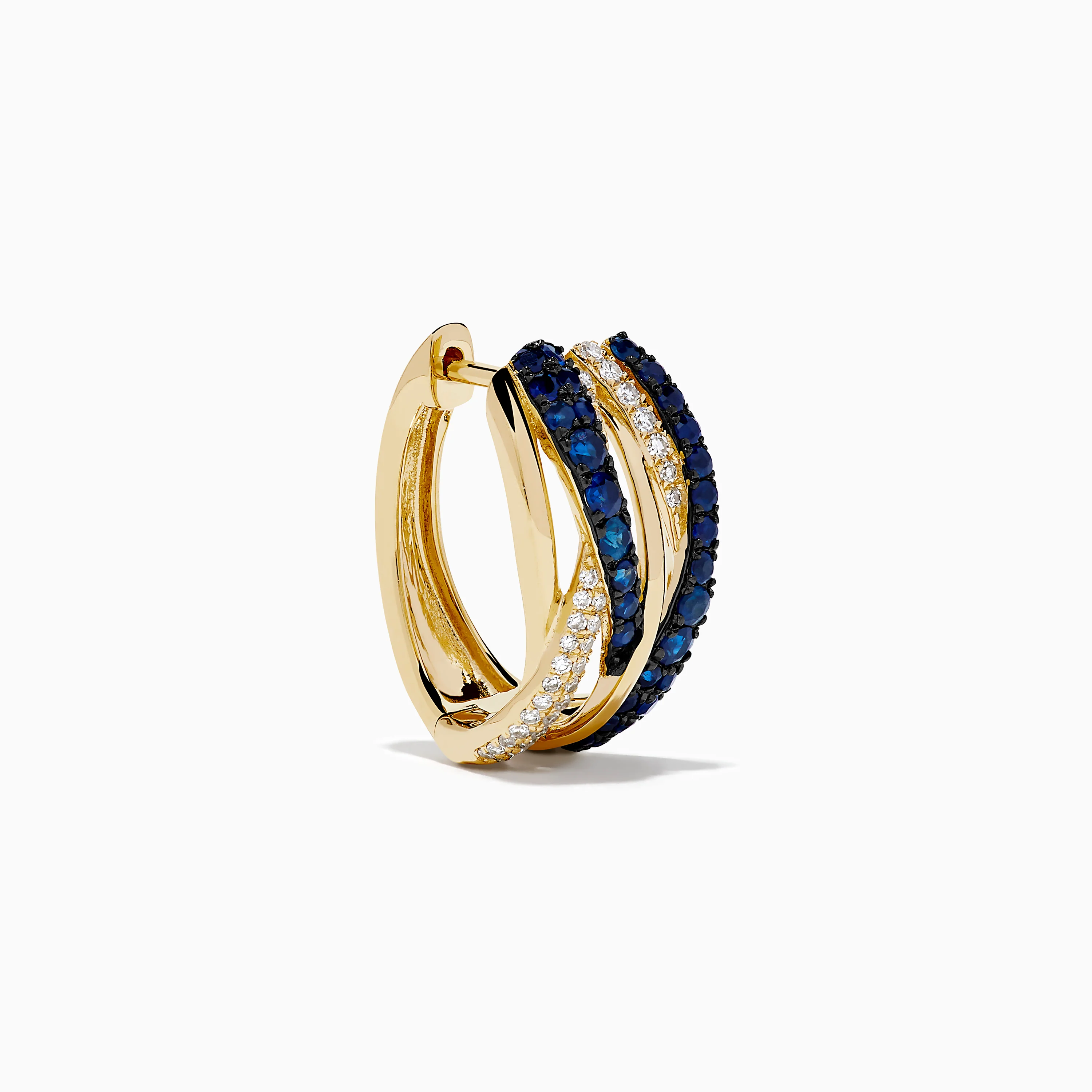 14K Yellow Gold Sapphire and Diamond Crossover Hoop Earrings - Image 3