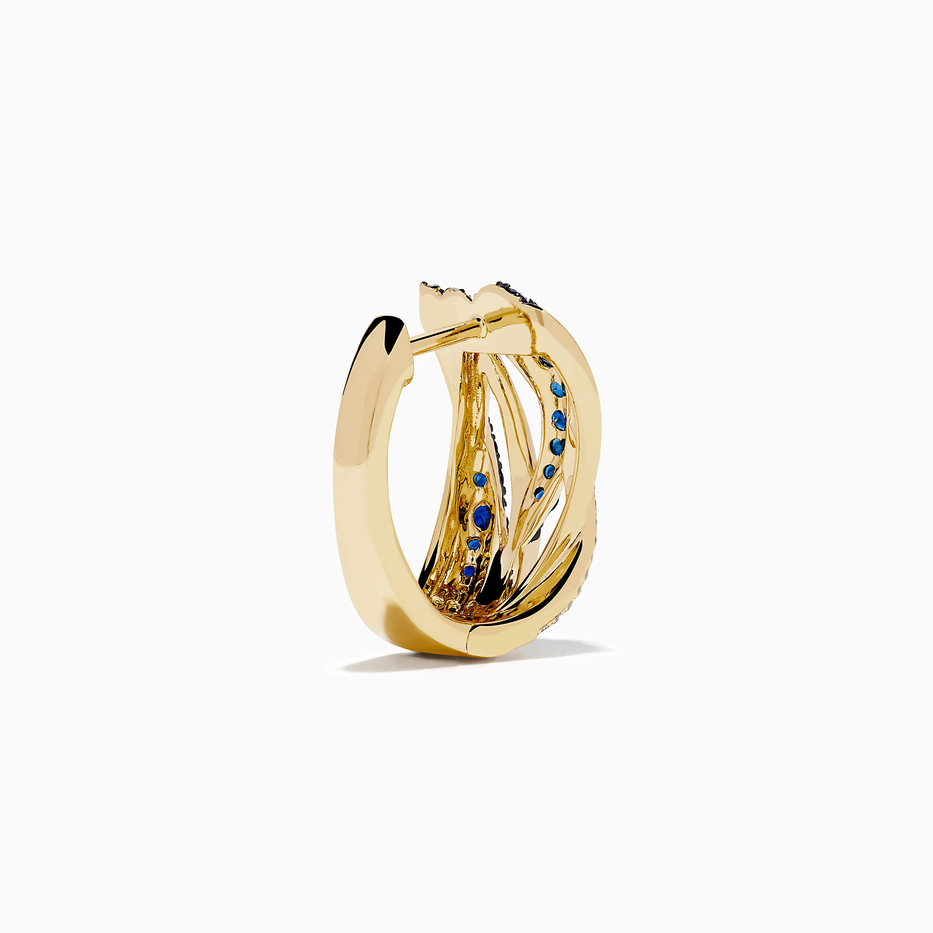 14K Yellow Gold Sapphire and Diamond Crossover Hoop Earrings - Image 4