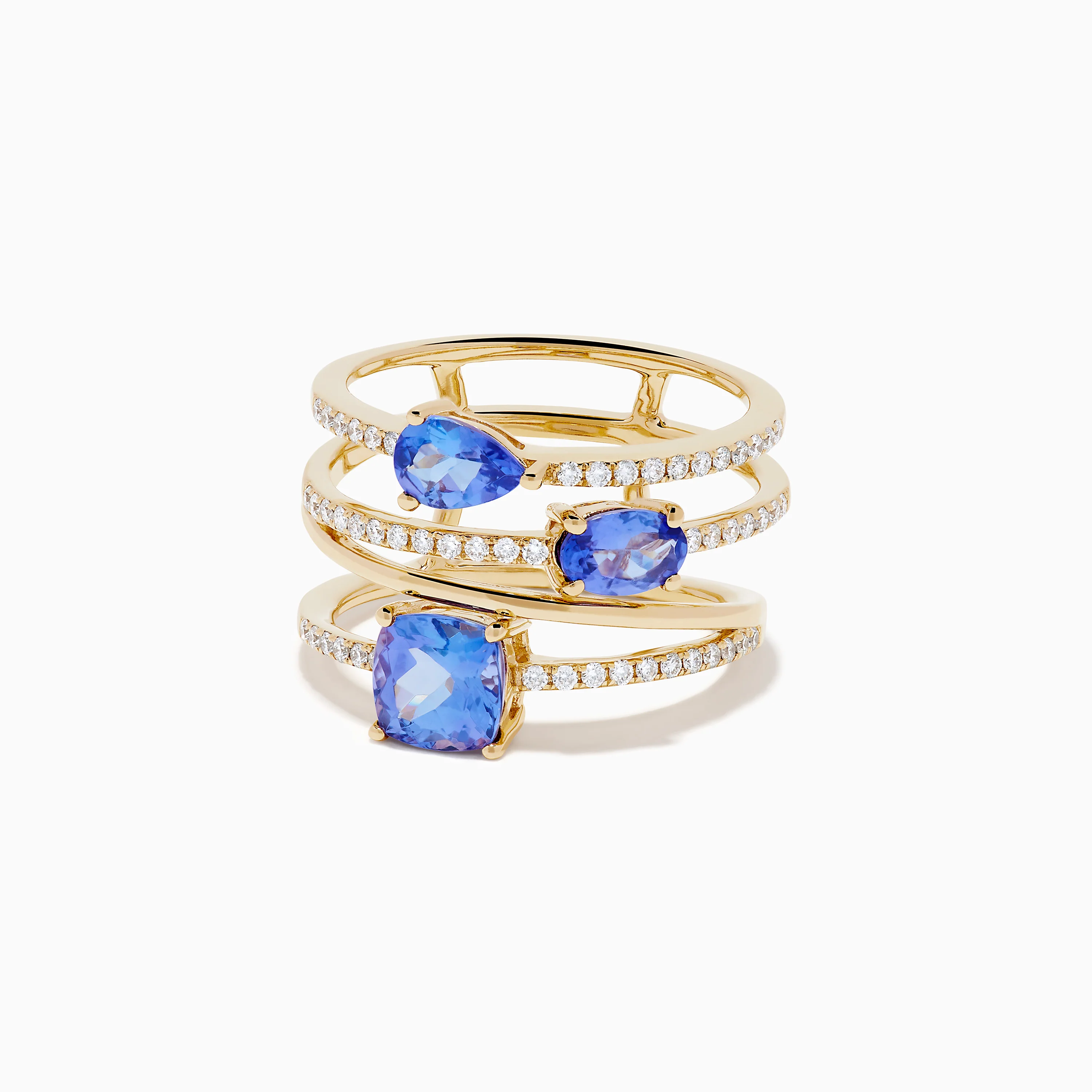 14K Yellow Gold Tanzanite and Diamond Multi-Row Statement Ring