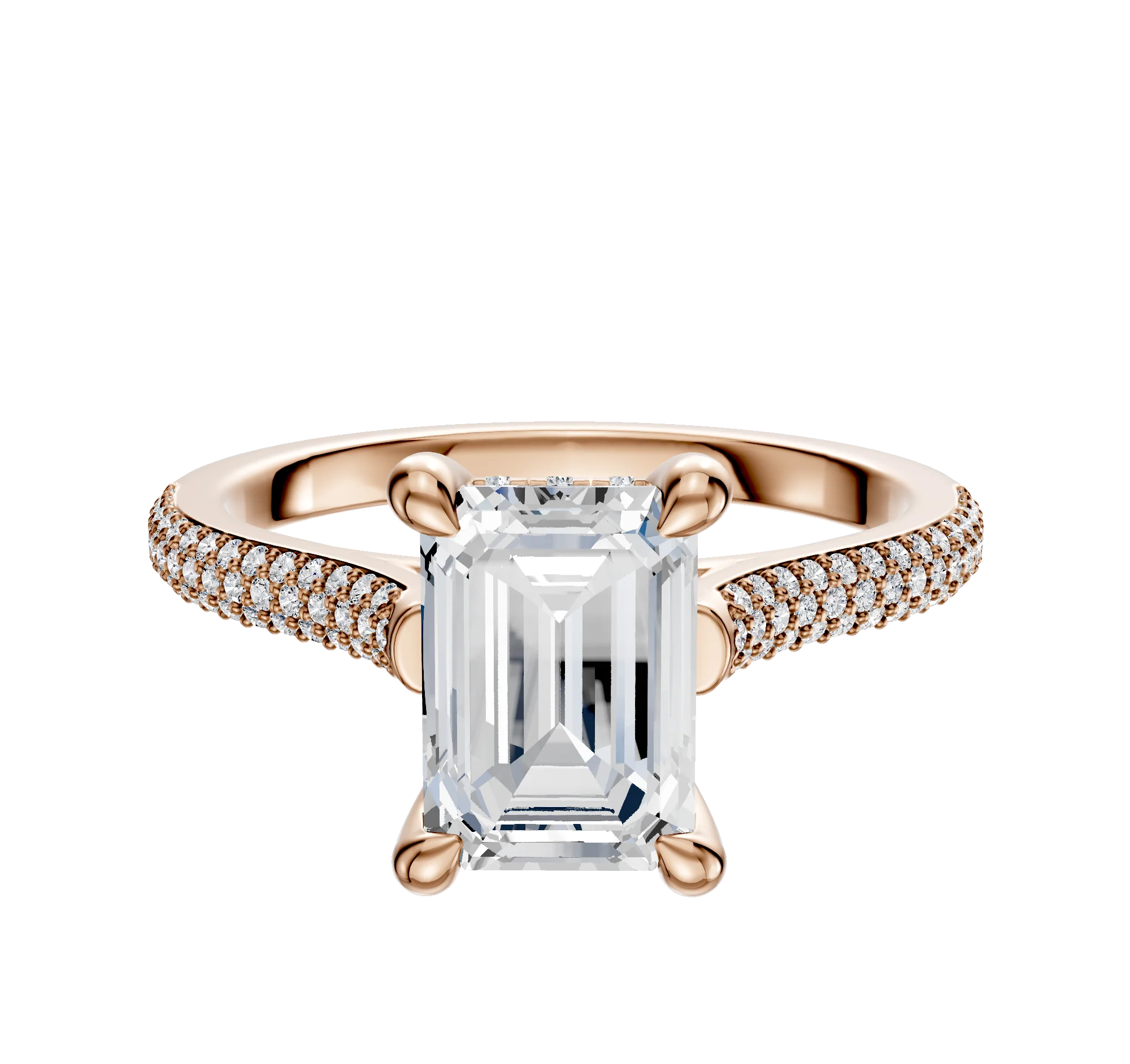 18K Rose Gold 4 Prong Hidden Halo Cathedral Dome 3-Row-Pave 2.0mm Engagement Ring