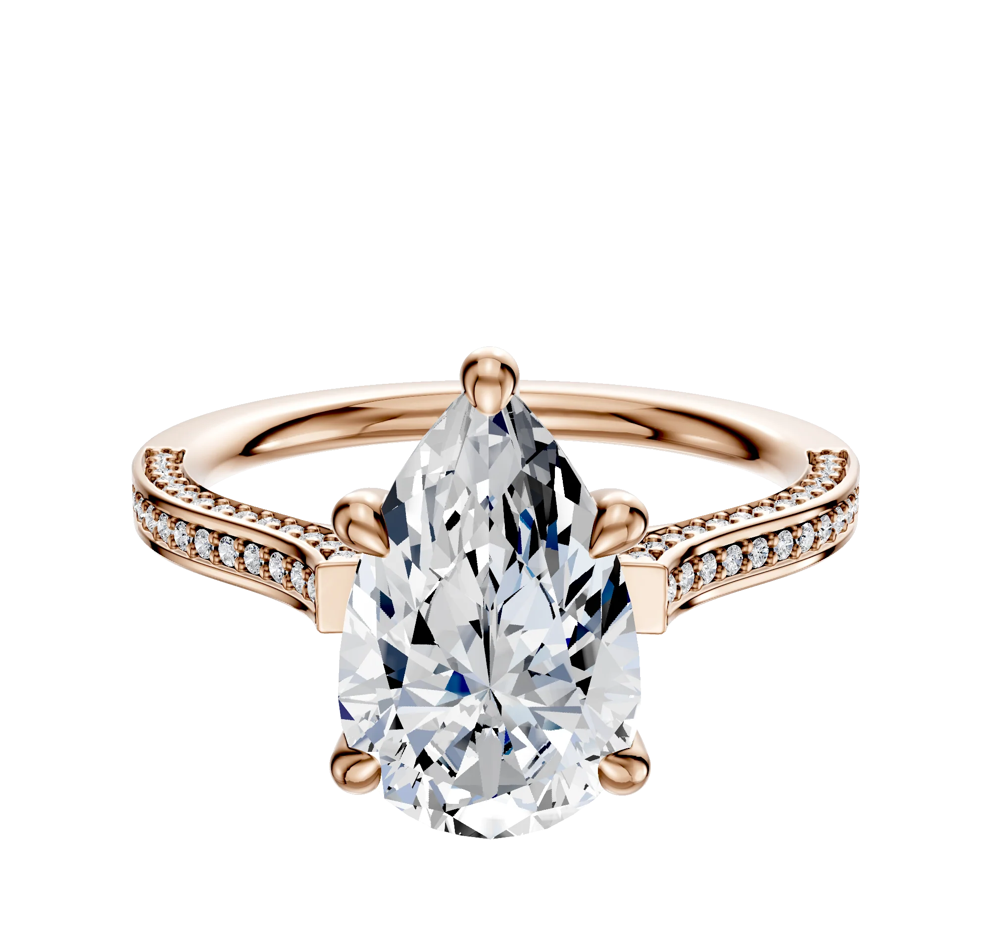 18K Rose Gold 4 Prong Hidden Halo Cathedral Flat 3-Row-Pave 2.0mm Engagement Ring