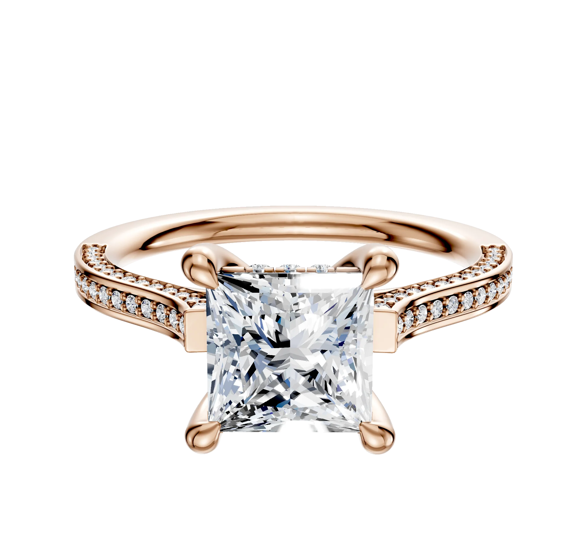 18K Rose Gold 4 Prong Hidden Halo Cathedral Flat 3-Row-Pave 2.0mm Engagement Ring
