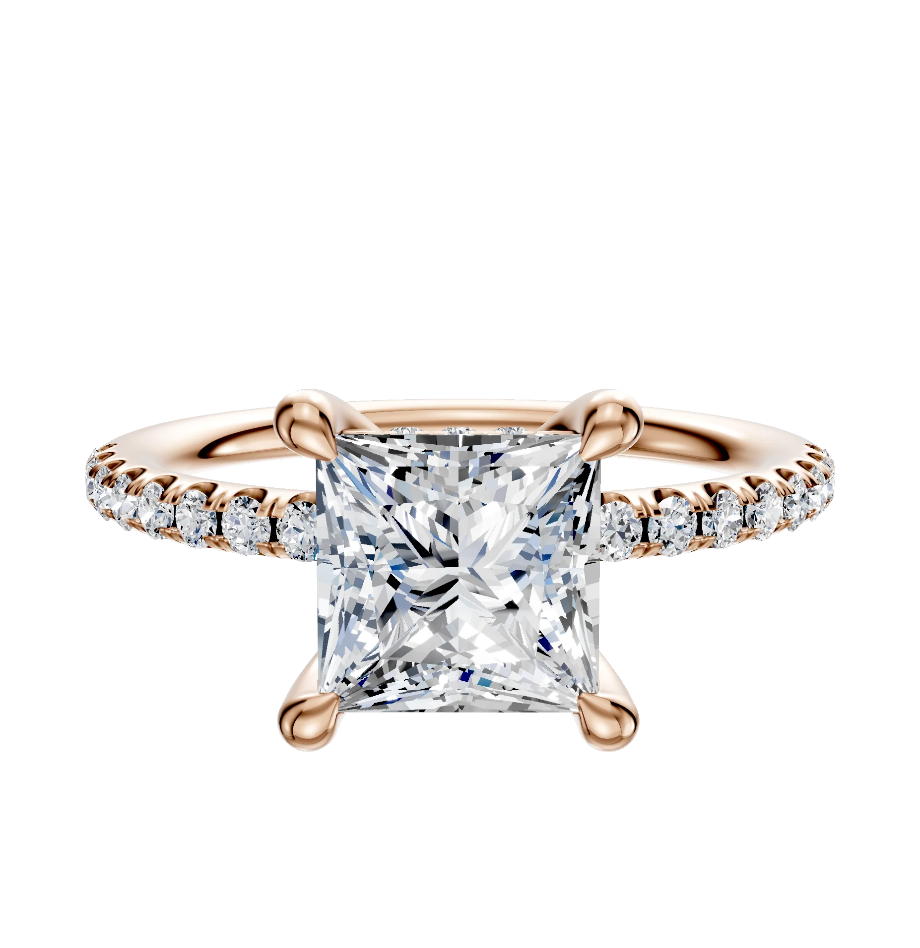 18K Rose Gold 4 Prong Hidden Halo Classic Dome 1-Row-Pave 2.5mm Engagement Ring