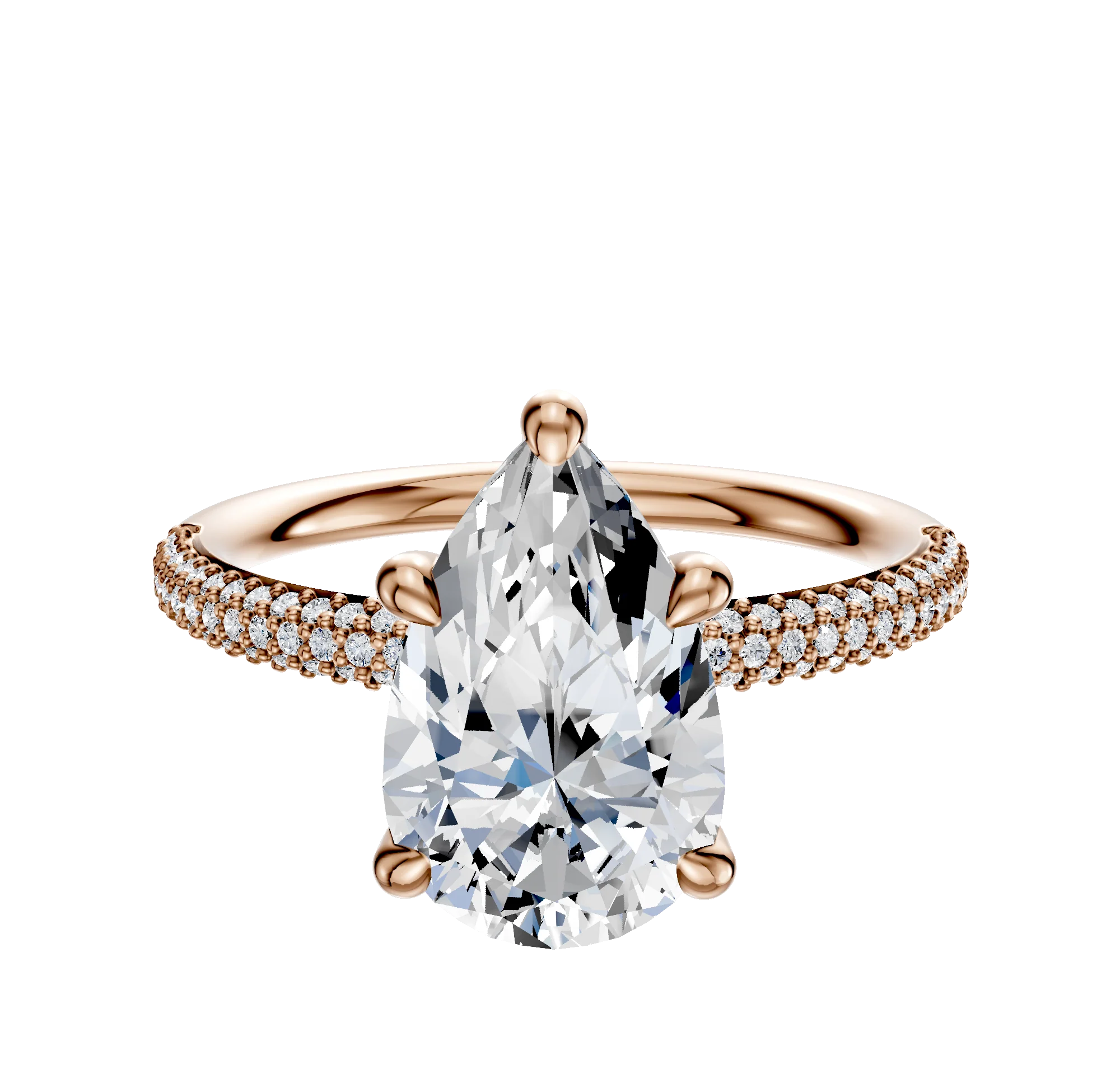 18K Rose Gold 4 Prong Hidden Halo Classic Dome 3-Row-Pave 2.0mm Engagement Ring