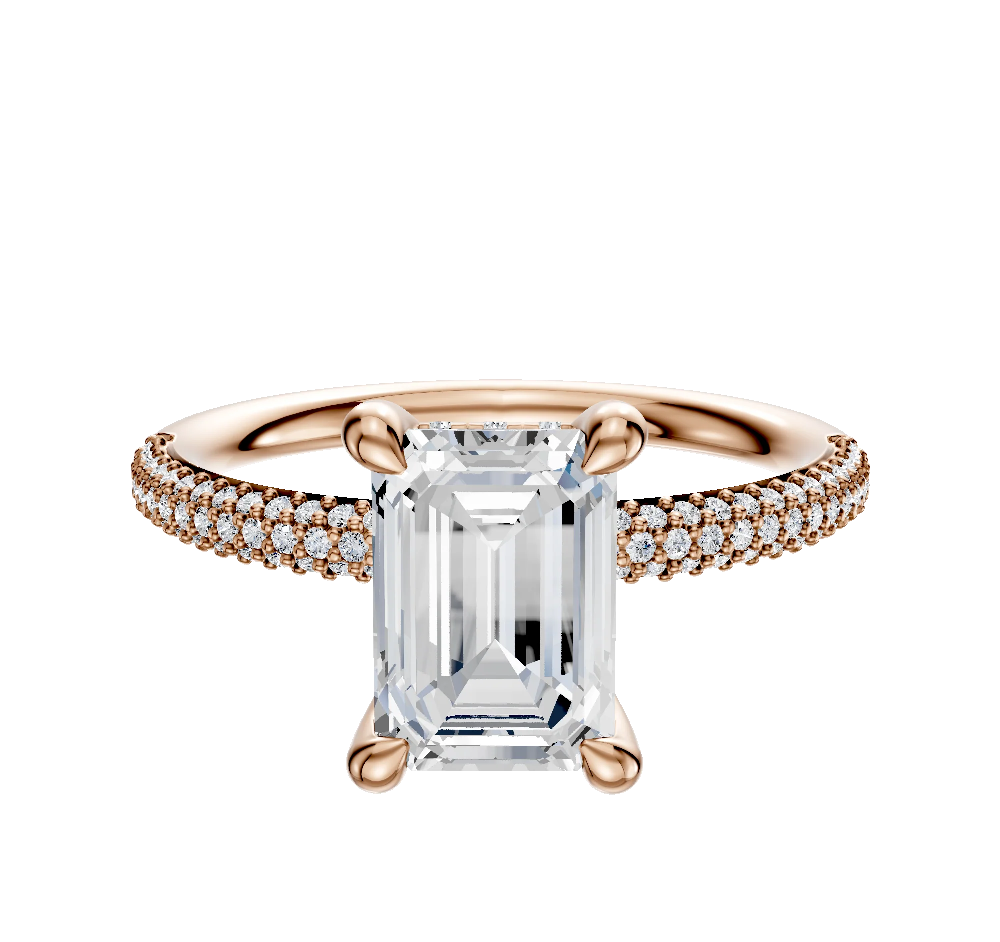 18K Rose Gold 4 Prong Hidden Halo Classic Dome 3-Row-Pave 2.0mm Engagement Ring
