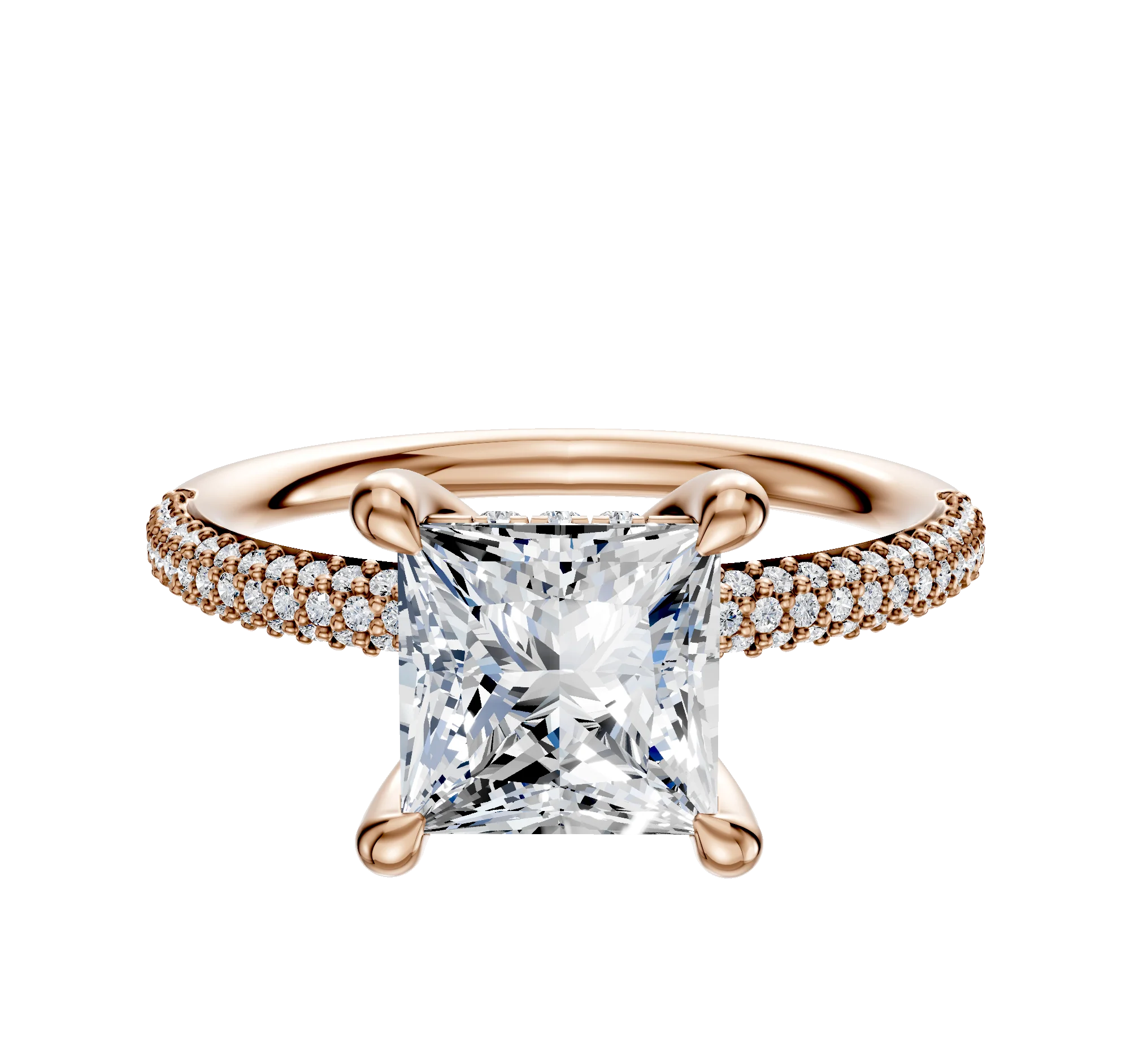 18K Rose Gold 4 Prong Hidden Halo Classic Dome 3-Row-Pave 2.0mm Engagement Ring