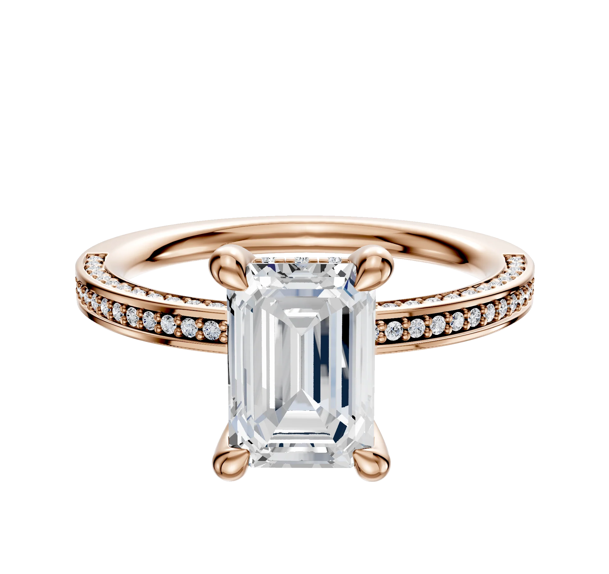 18K Rose Gold 4 Prong Hidden Halo Classic Flat 3-Row-Pave 2.0mm Engagement Ring