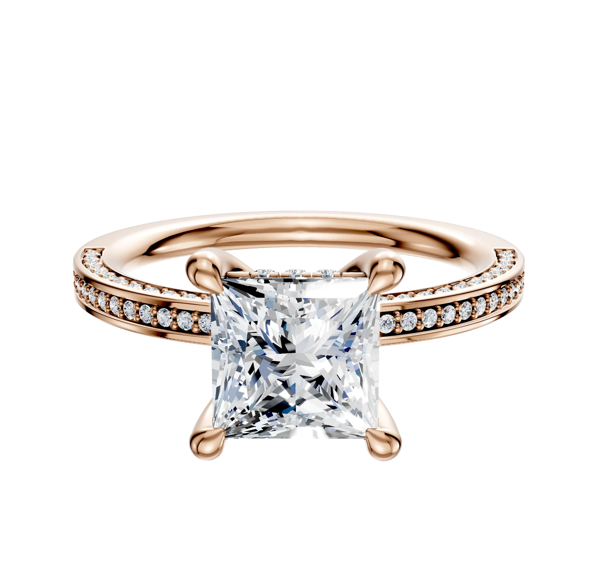 18K Rose Gold 4 Prong Hidden Halo Classic Flat 3-Row-Pave 2.0mm Engagement Ring