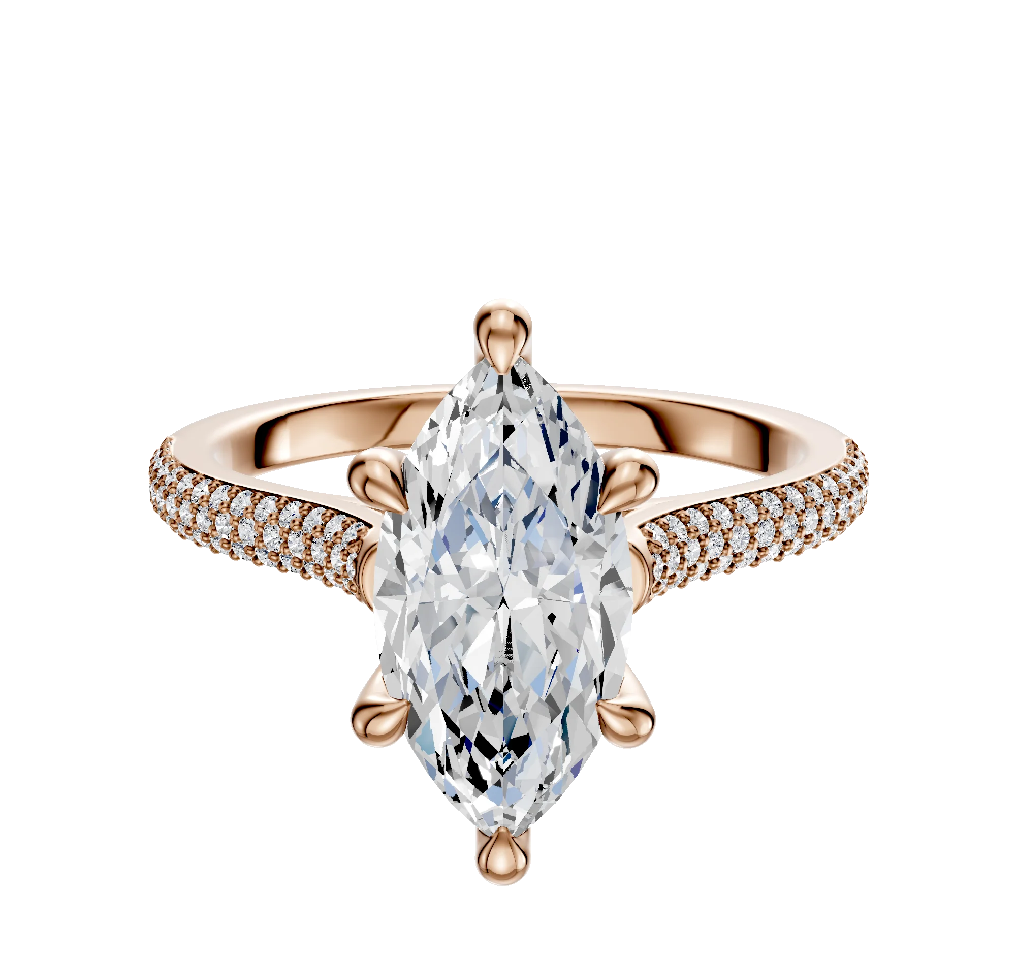 18K Rose Gold 6 Prong Hidden Halo Cathedral Dome 3-Row-Pave 2.0mm Engagement Ring