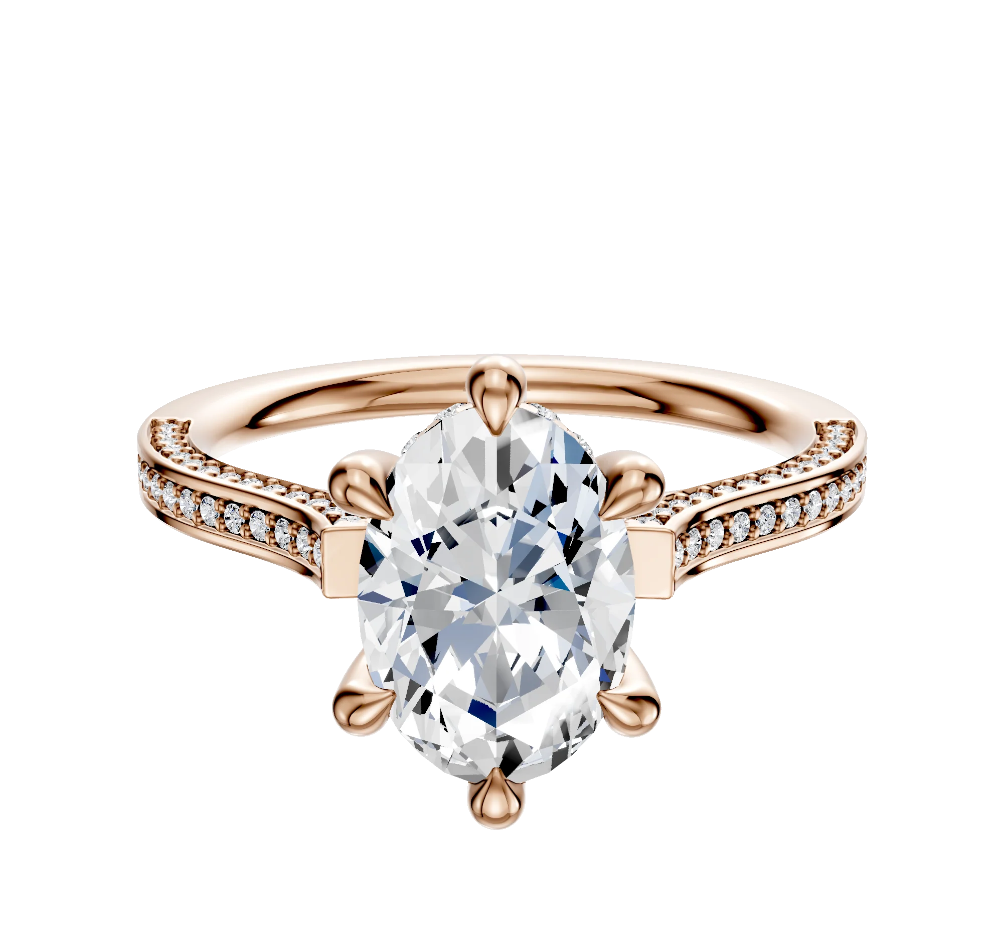 18K Rose Gold 6 Prong Hidden Halo Cathedral Flat 3-Row-Pave 2.0mm Engagement Ring