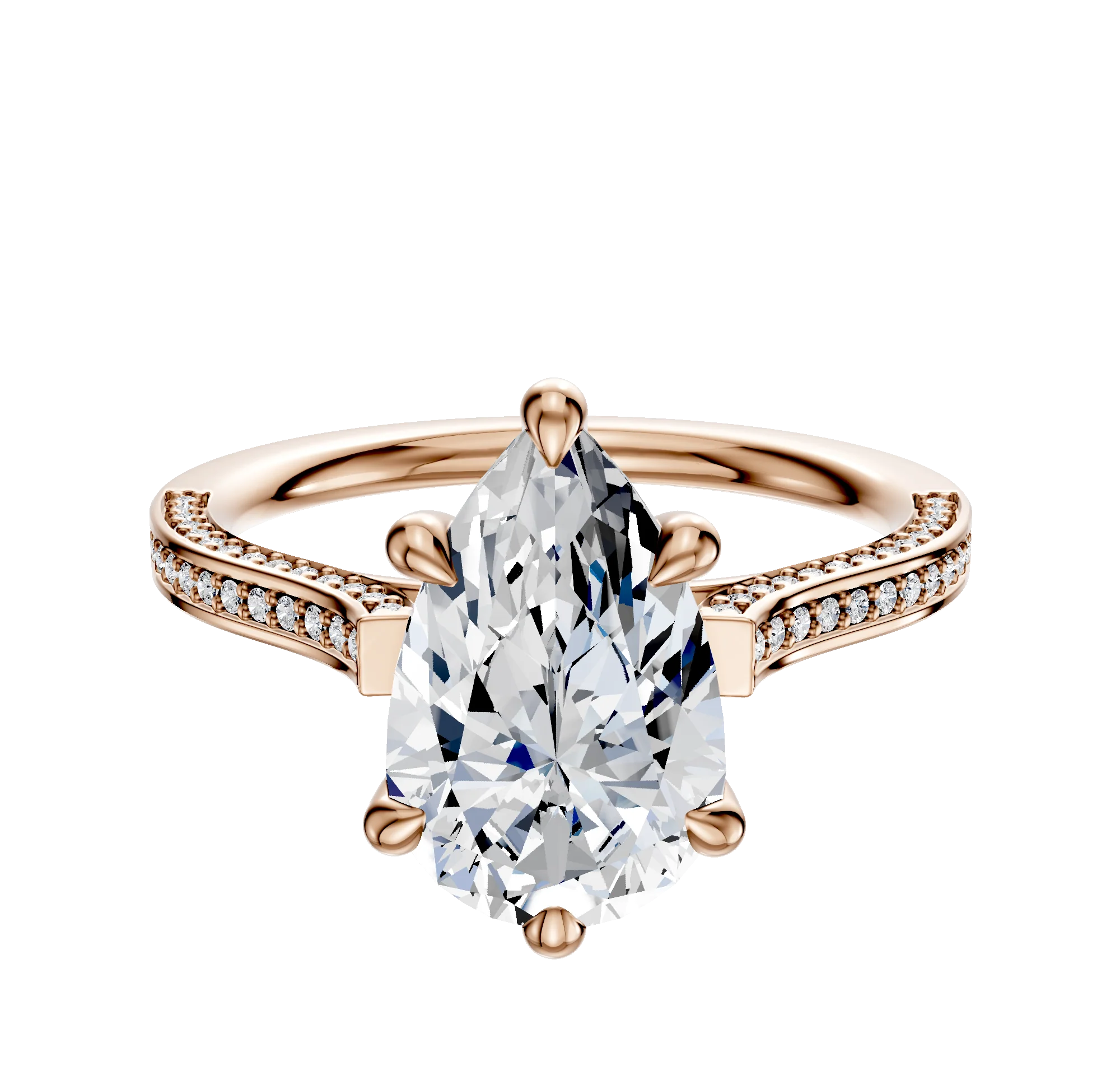 18K Rose Gold 6 Prong Hidden Halo Cathedral Flat 3-Row-Pave 2.0mm Engagement Ring