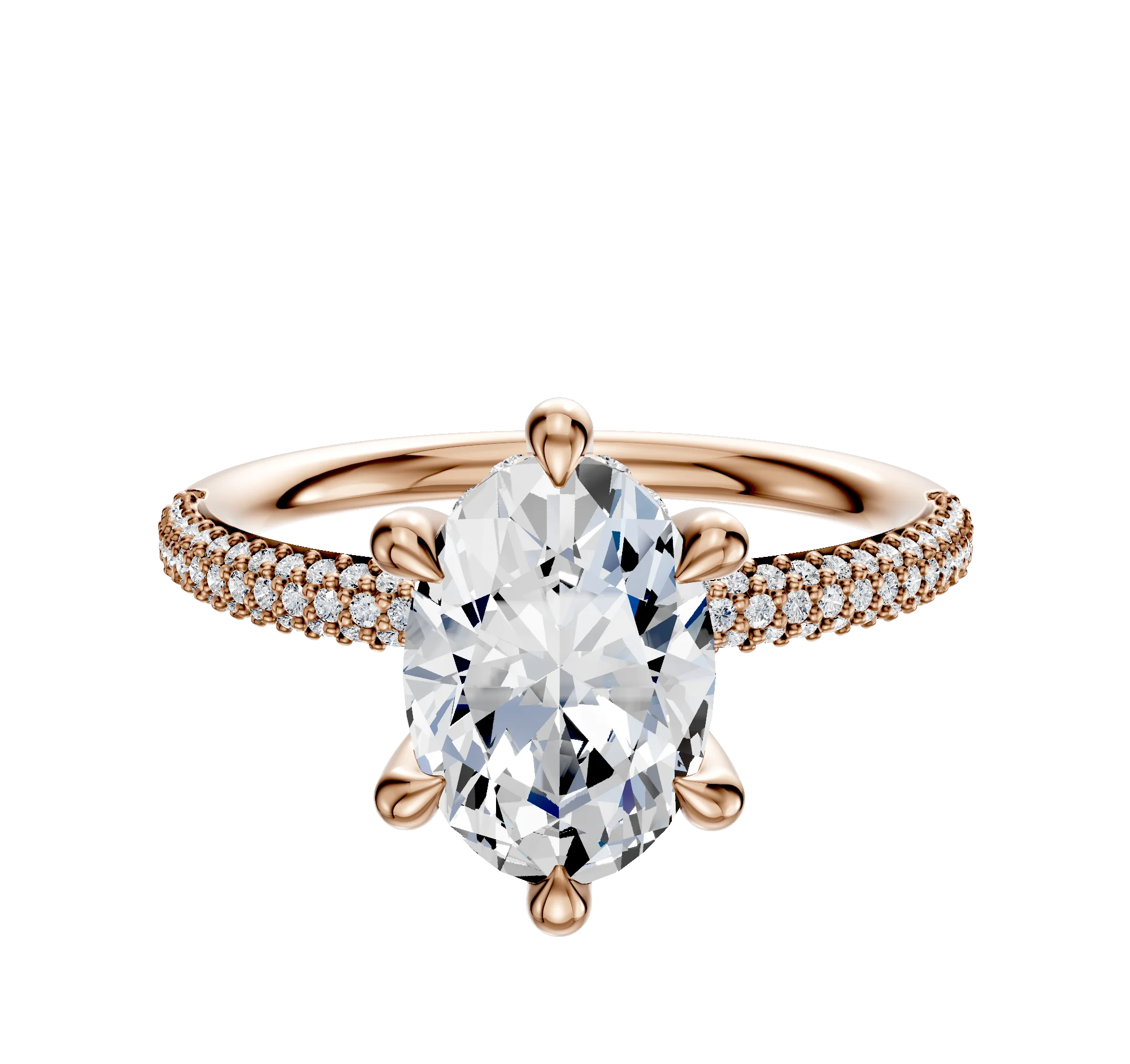 18K Rose Gold 6 Prong Hidden Halo Classic Dome 3-Row-Pave 2.0mm Engagement Ring