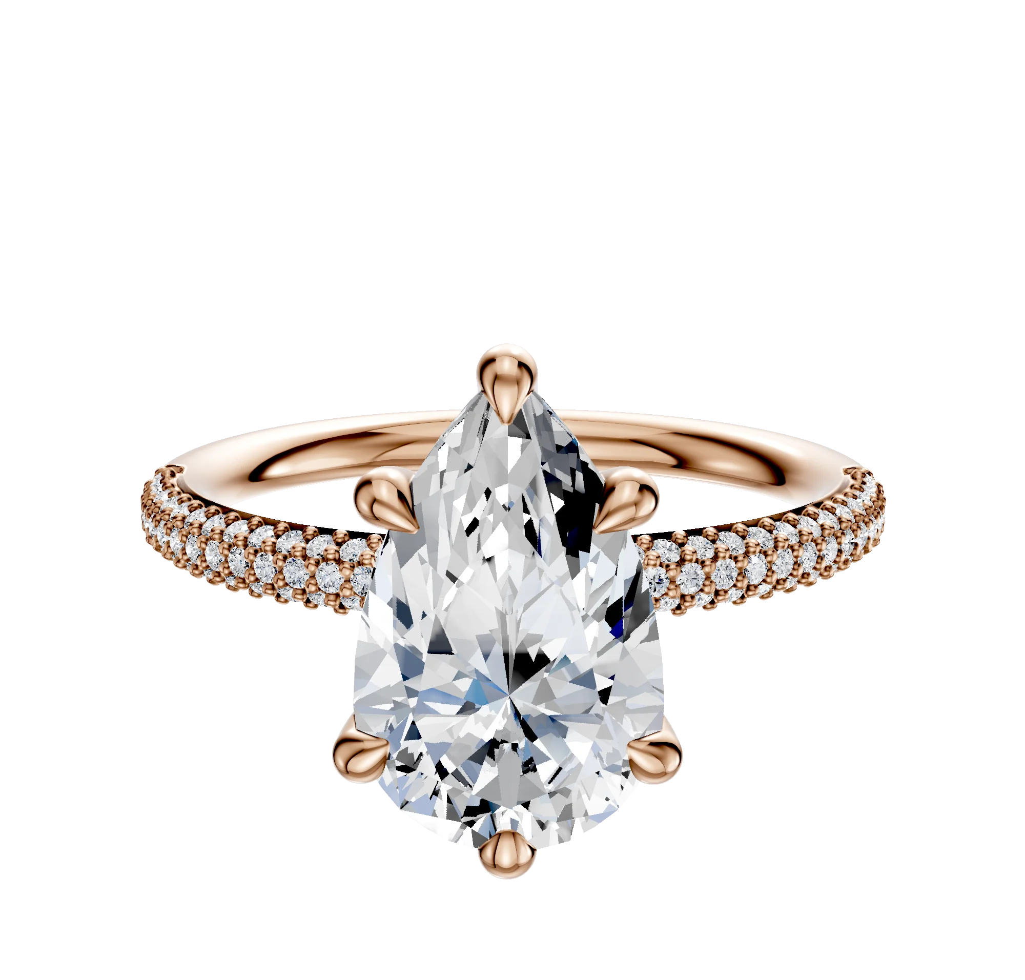 18K Rose Gold 6 Prong Hidden Halo Classic Dome 3-Row-Pave 2.0mm Engagement Ring