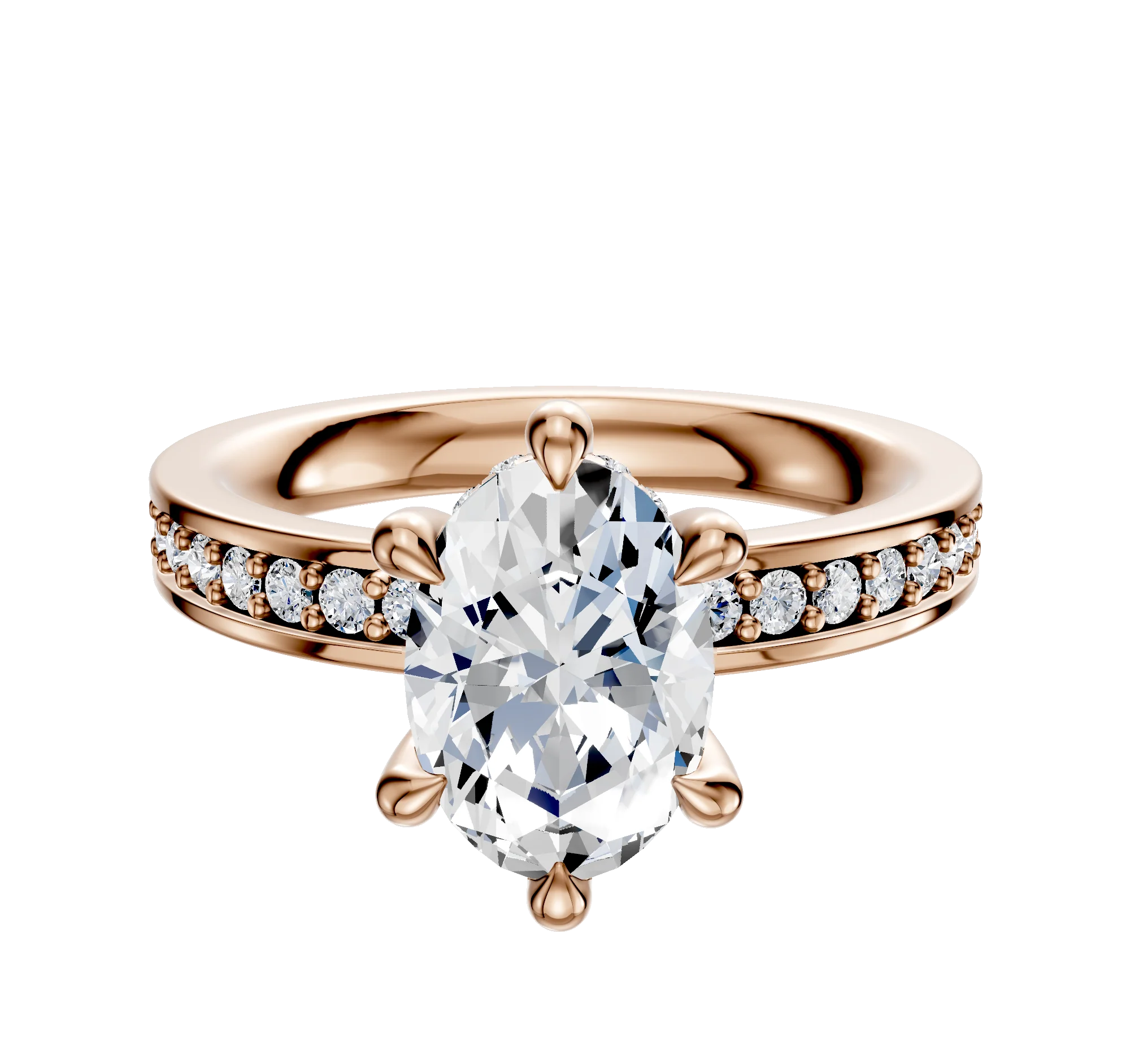 18K Rose Gold 6 Prong Hidden Halo Classic Flat 1-Row-Pave 2.5mm Engagement Ring