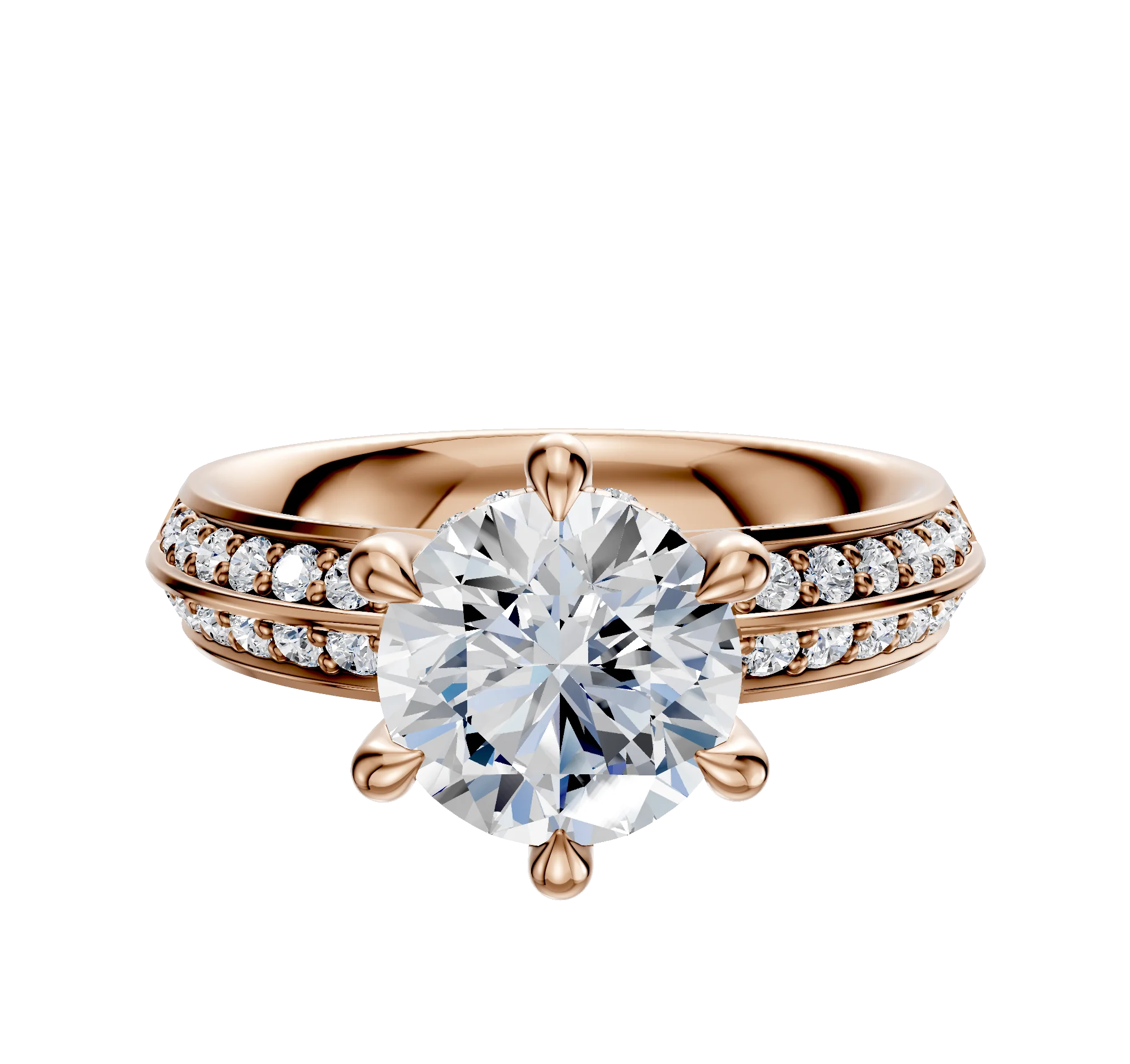 18K Rose Gold 6 Prong Hidden Halo Classic Knife Edge 1-Row-Pave 2.5mm Engagement Ring