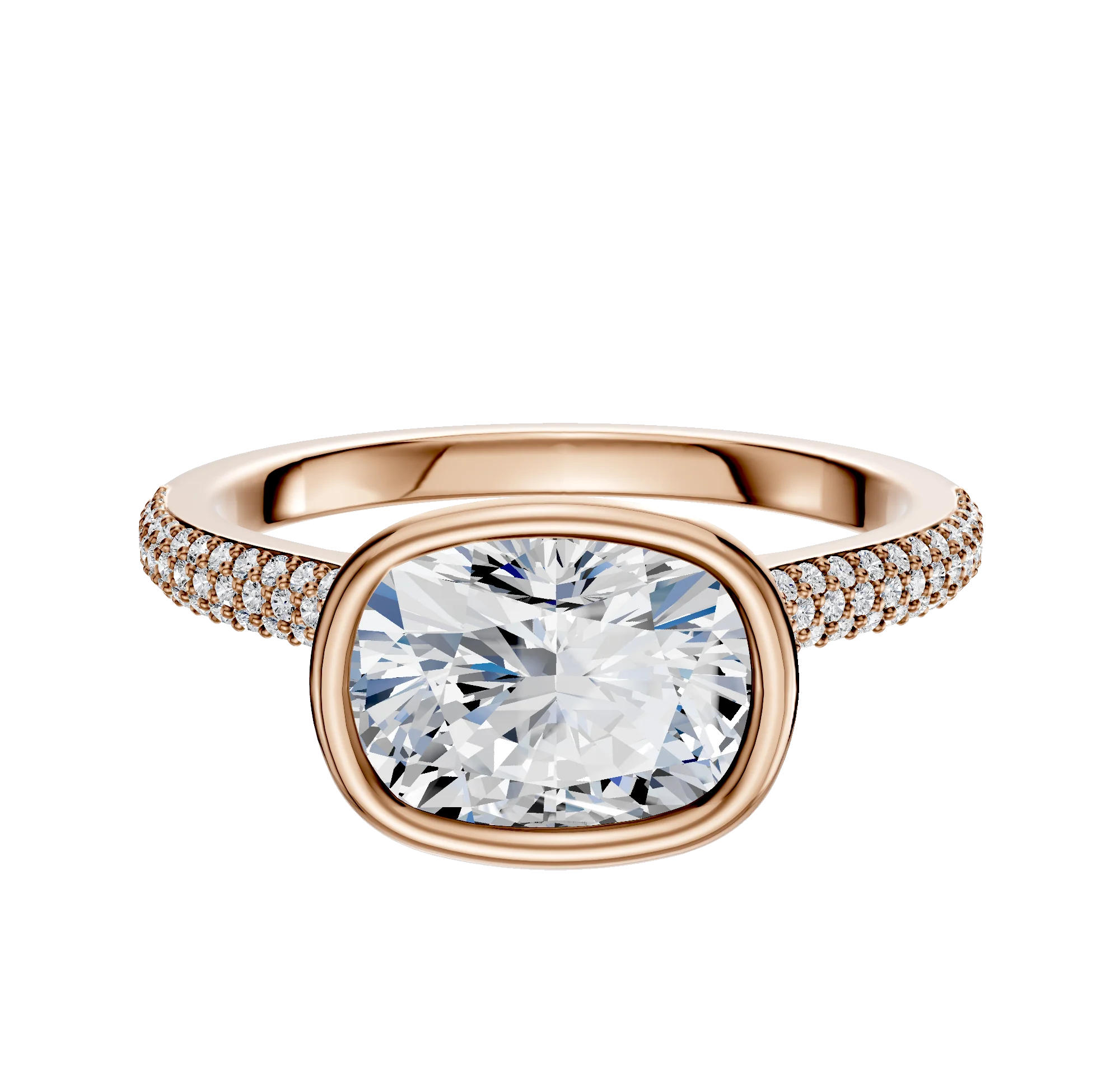18K Rose Gold Bezel Full Bezel East/West Cathedral Dome 3-Row-Pave 2.0mm Engagement Ring