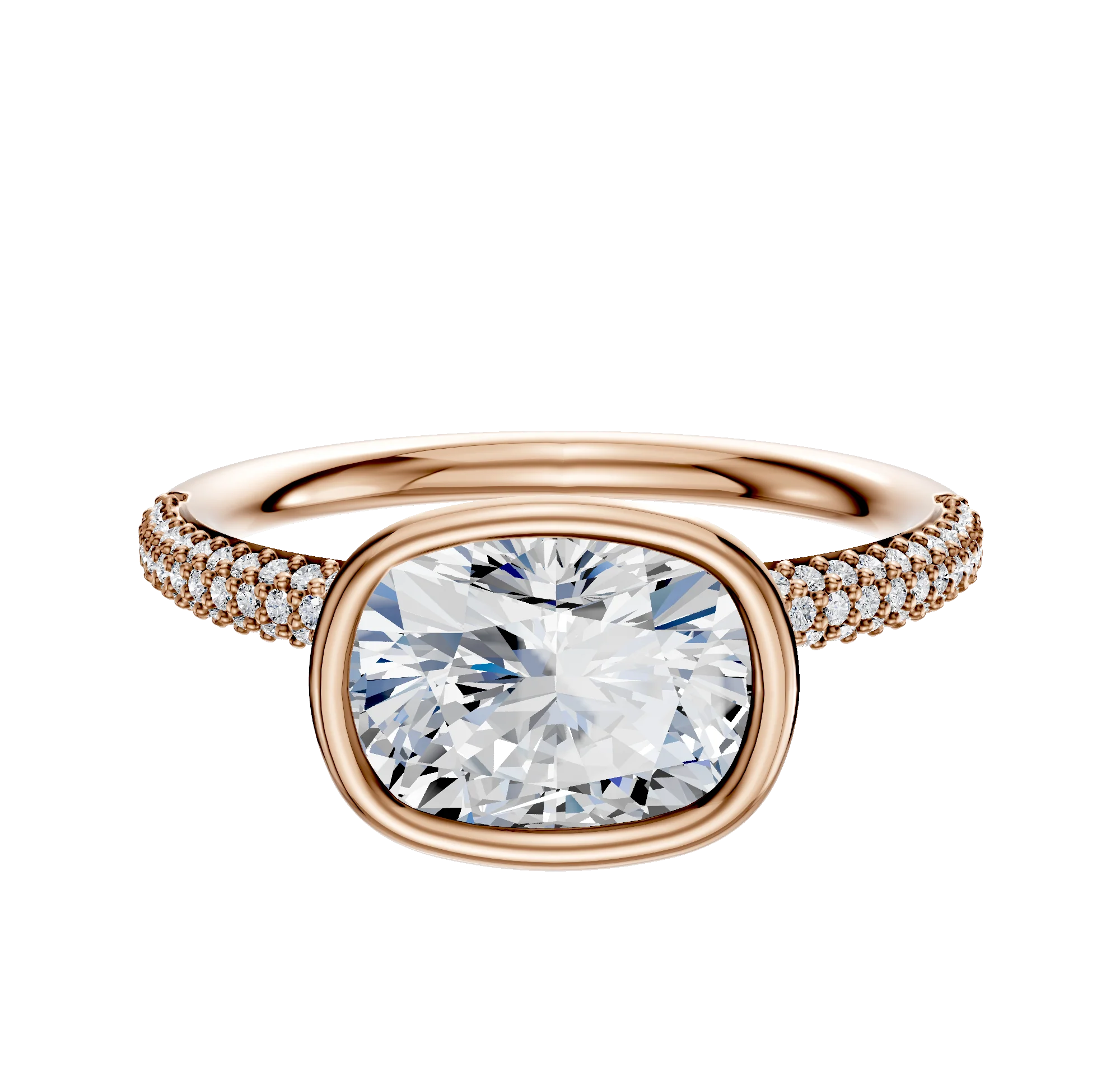 18K Rose Gold Bezel Full Bezel East/West Classic Dome 3-Row-Pave 2.0mm Engagement Ring