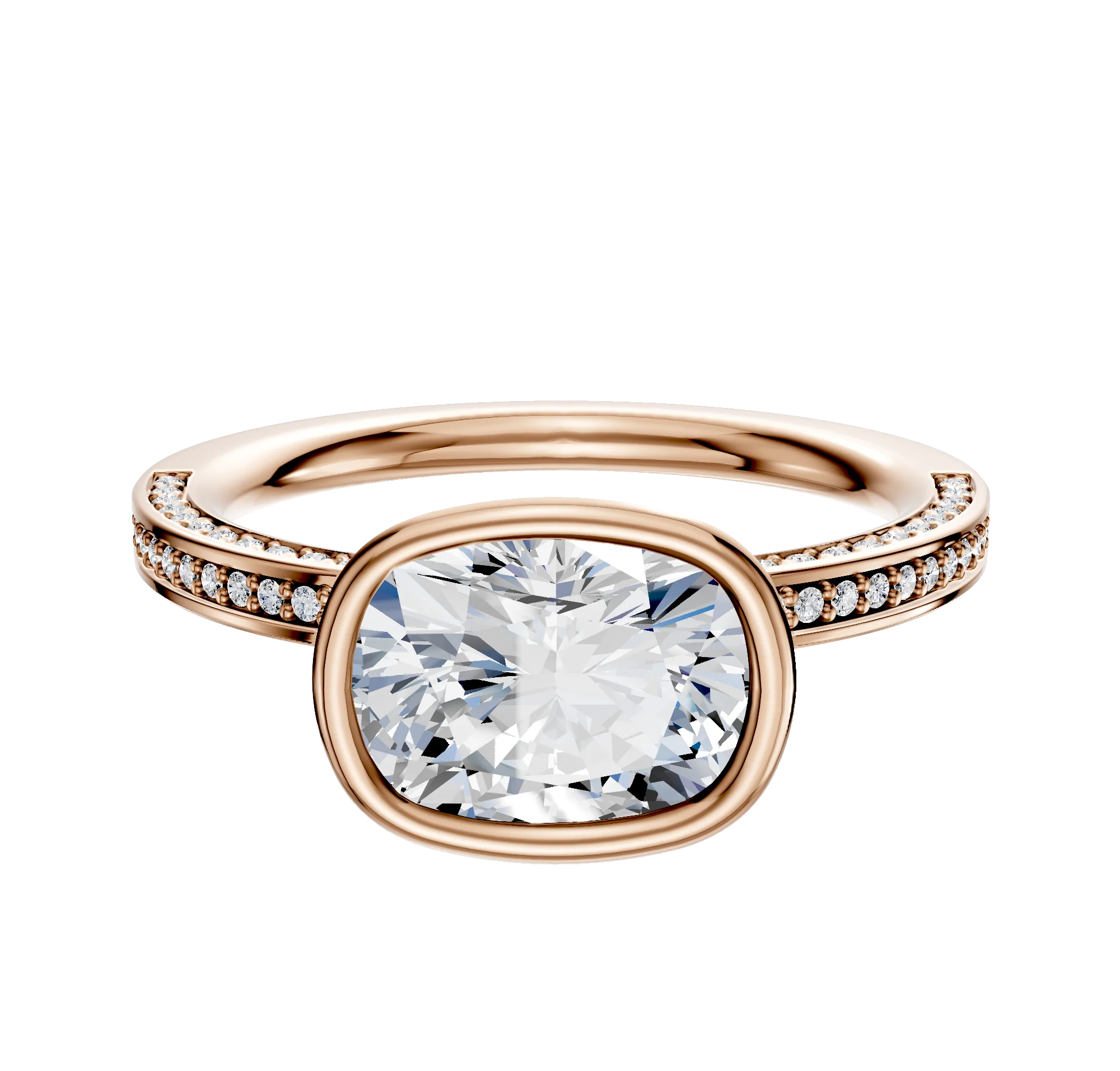 18K Rose Gold Bezel Full Bezel East/West Classic Flat 3-Row-Pave 2.0mm Engagement Ring