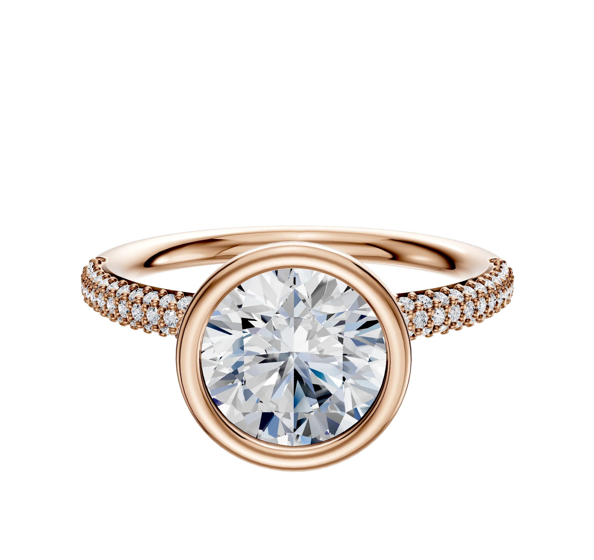 18K Rose Gold Bezel Full Bezel North/South Classic Dome 3-Row-Pave 2.0mm Engagement Ring