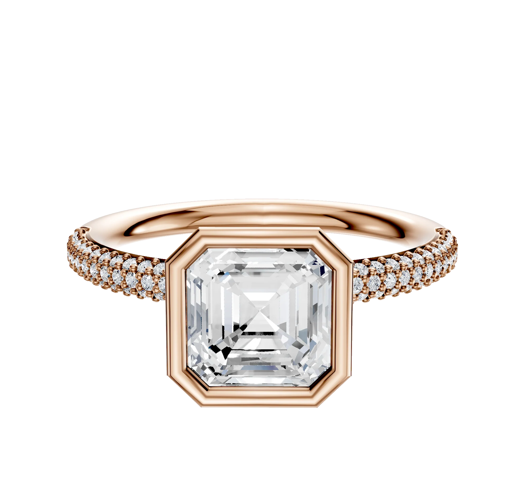 18K Rose Gold Bezel Full Bezel North/South Classic Dome 3-Row-Pave 2.0mm Engagement Ring