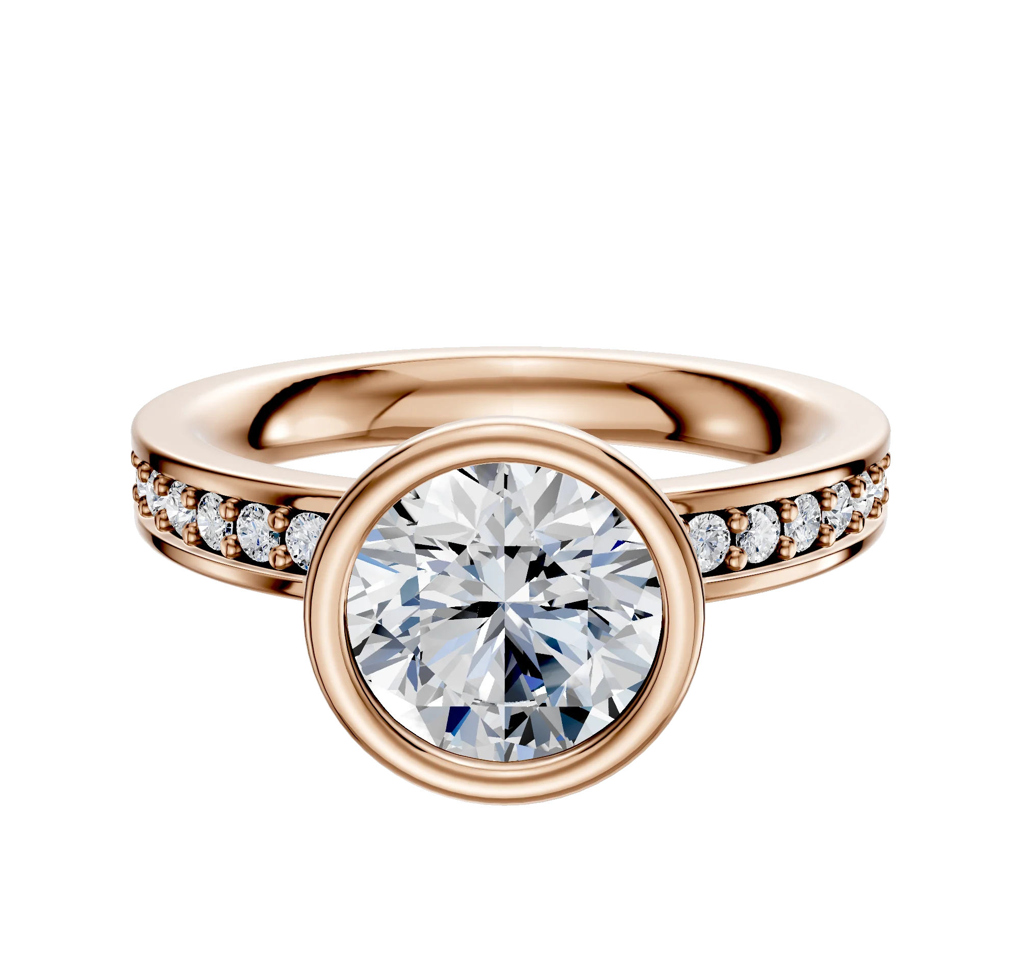 18K Rose Gold Bezel Full Bezel North/South Classic Flat 1-Row-Pave 2.5mm Engagement Ring