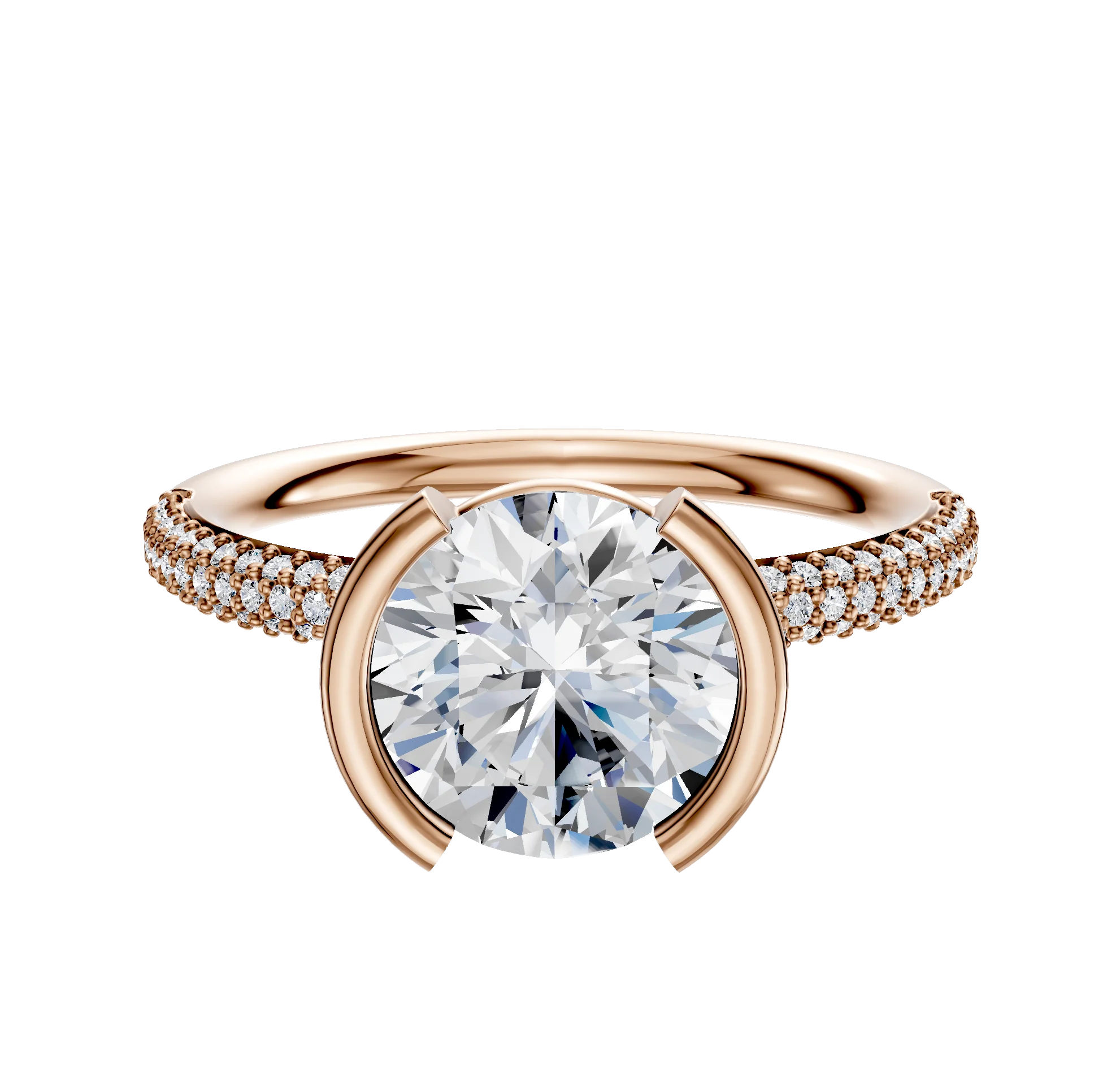 18K Rose Gold Bezel Half Bezel North/South Classic Dome 3-Row-Pave 2.0mm Engagement Ring