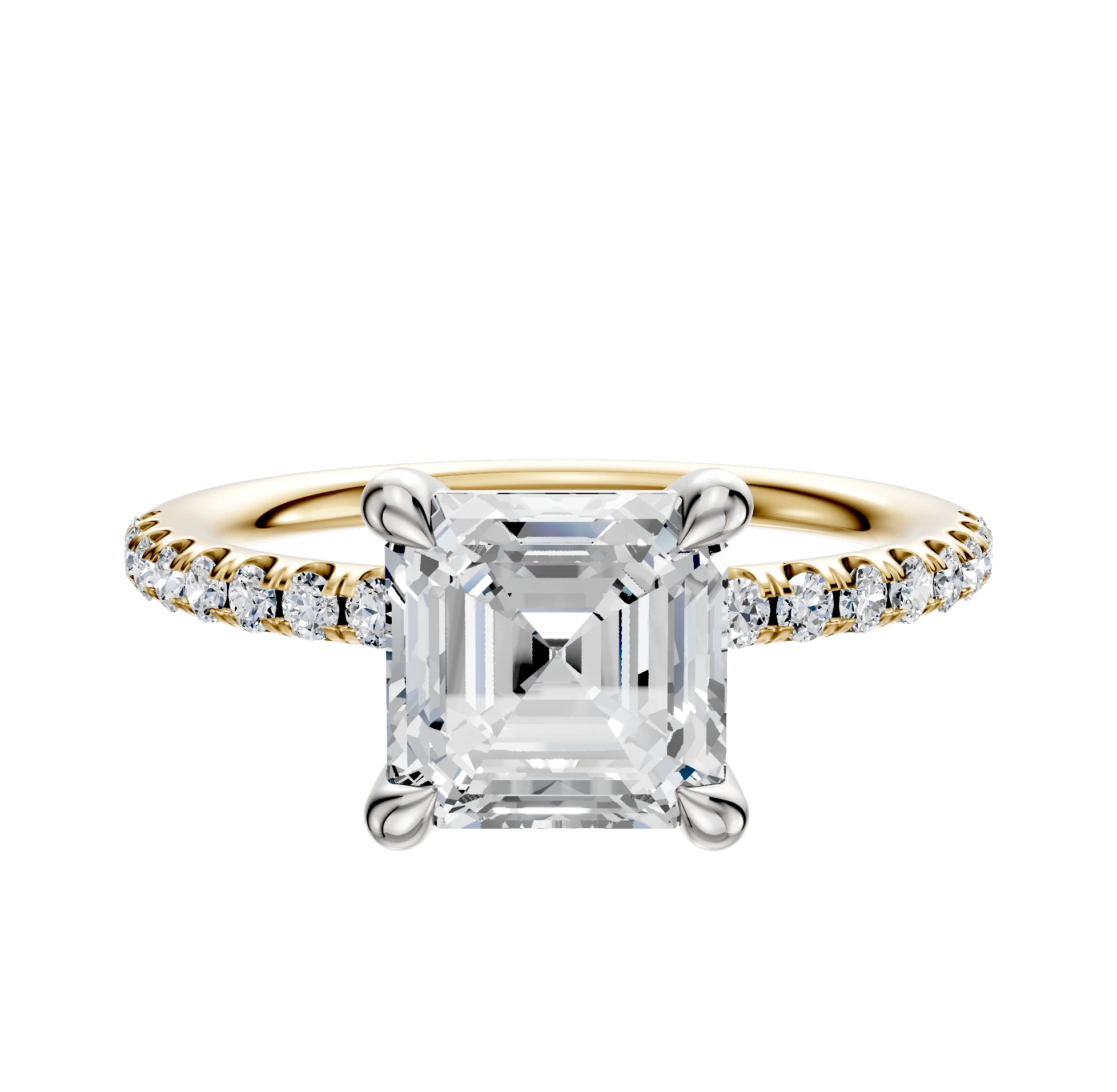 18K Two Tone 4 Prong Basket Classic Dome 1-Row-Pave 2.5mm Engagement Ring