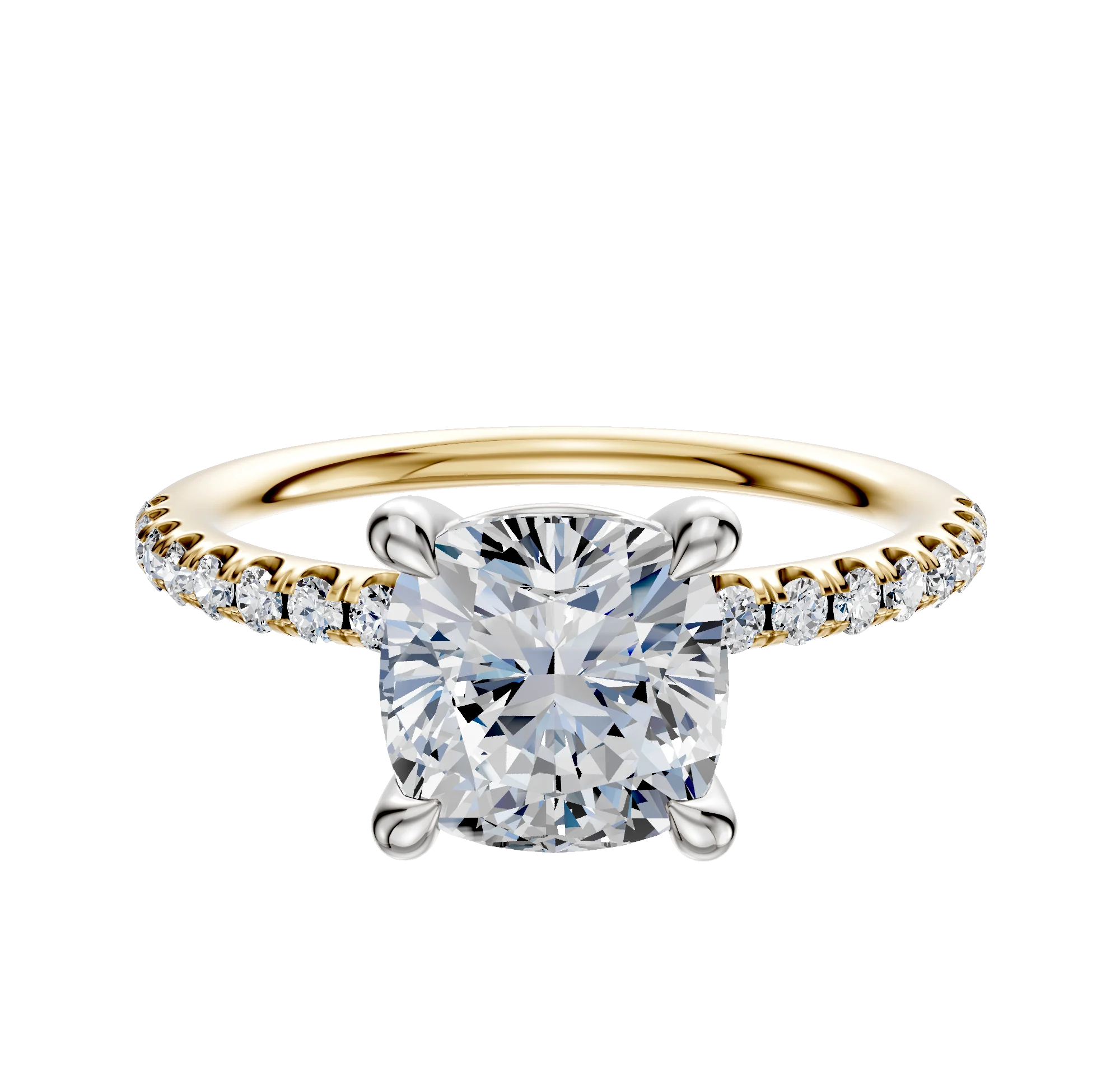 18K Two Tone 4 Prong Basket Classic Dome 1-Row-Pave 2.5mm Engagement Ring