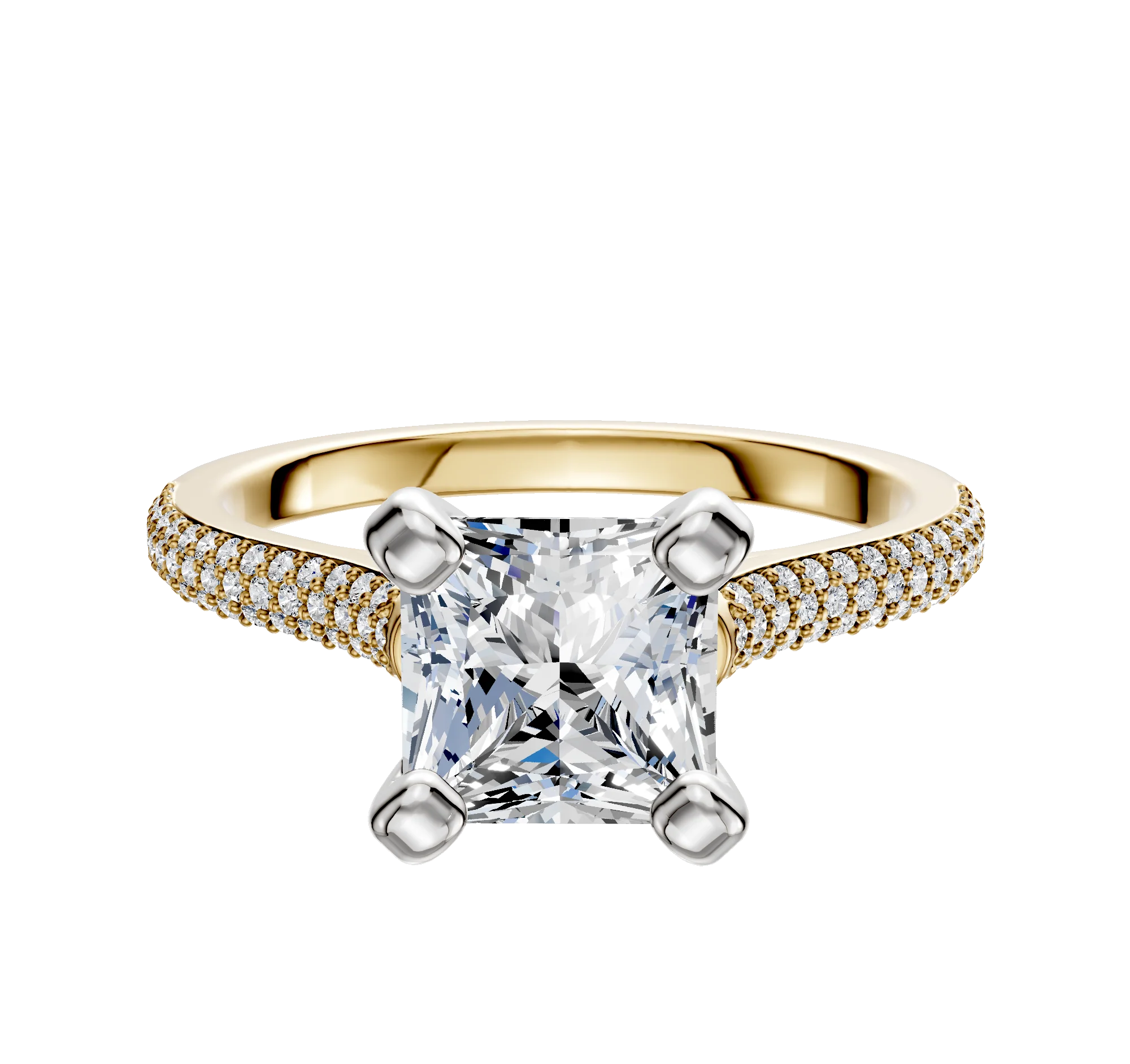 18K Two Tone 4 Prong Cathedral Dome 3-Row-Pave 2.0mm Engagement Ring