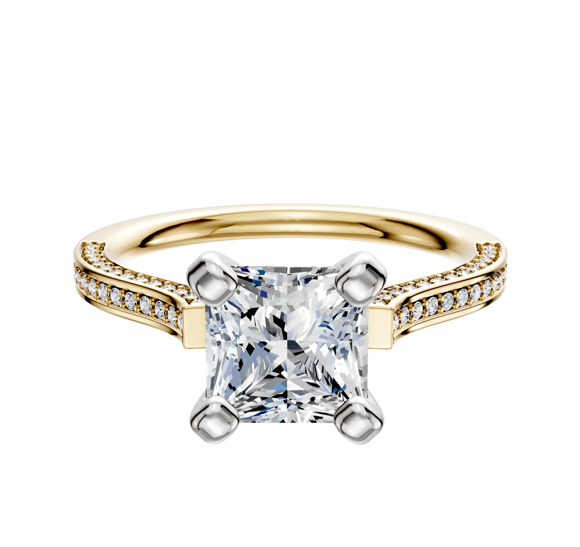 18K Two Tone 4 Prong Cathedral Flat 3-Row-Pave 2.0mm Engagement Ring