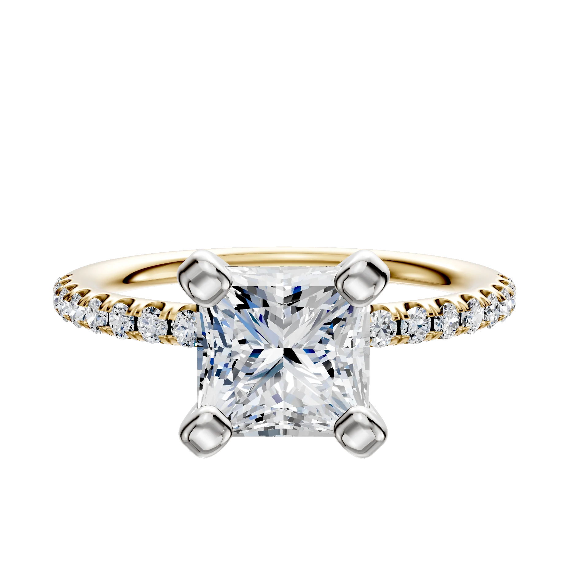 18K Two Tone 4 Prong Classic Dome 1-Row-Pave 2.5mm Engagement Ring