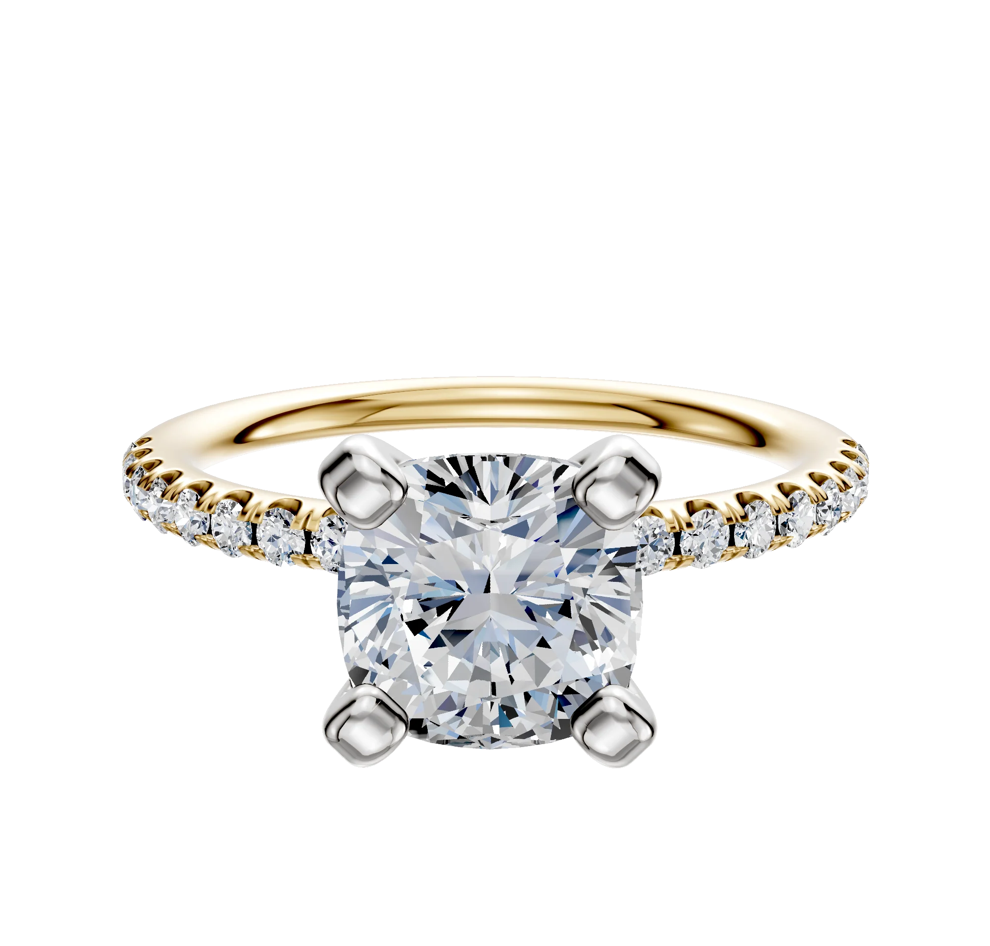 18K Two Tone 4 Prong Classic Dome 1-Row-Pave 2.5mm Engagement Ring