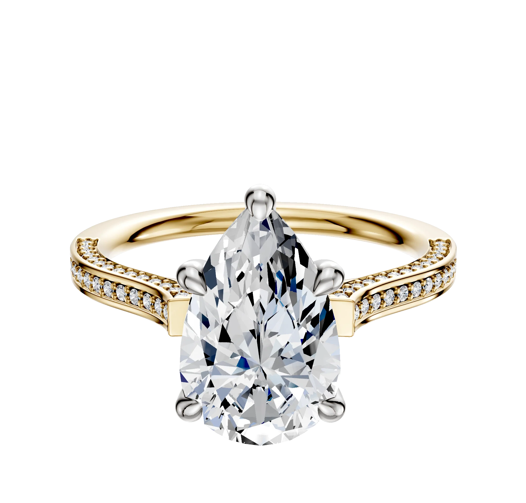 18K Two Tone 4 Prong Hidden Halo Cathedral Flat 3-Row-Pave 2.0mm Engagement Ring