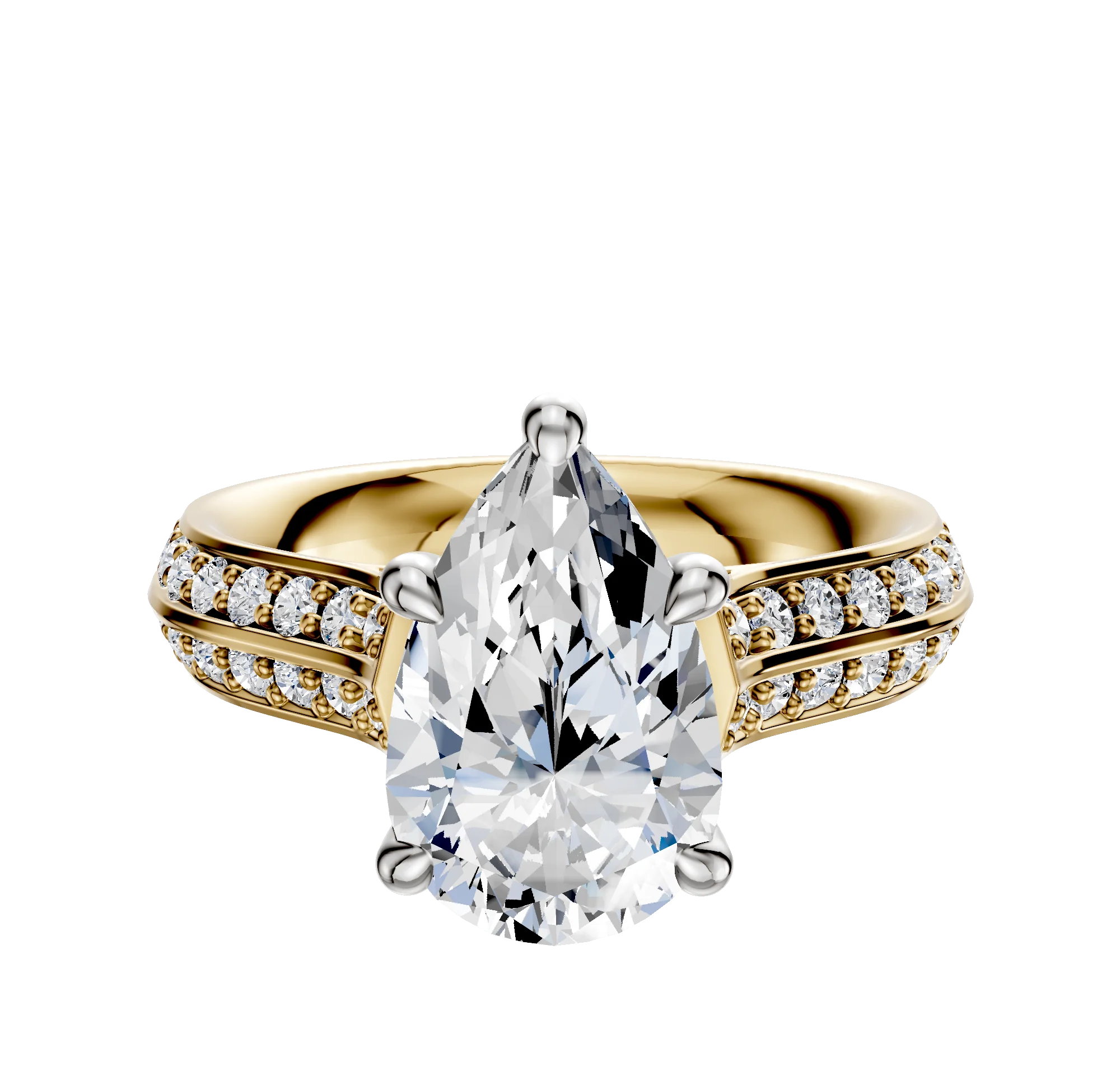 18K Two Tone 4 Prong Hidden Halo Cathedral Knife Edge 1-Row-Pave 2.5mm Engagement Ring
