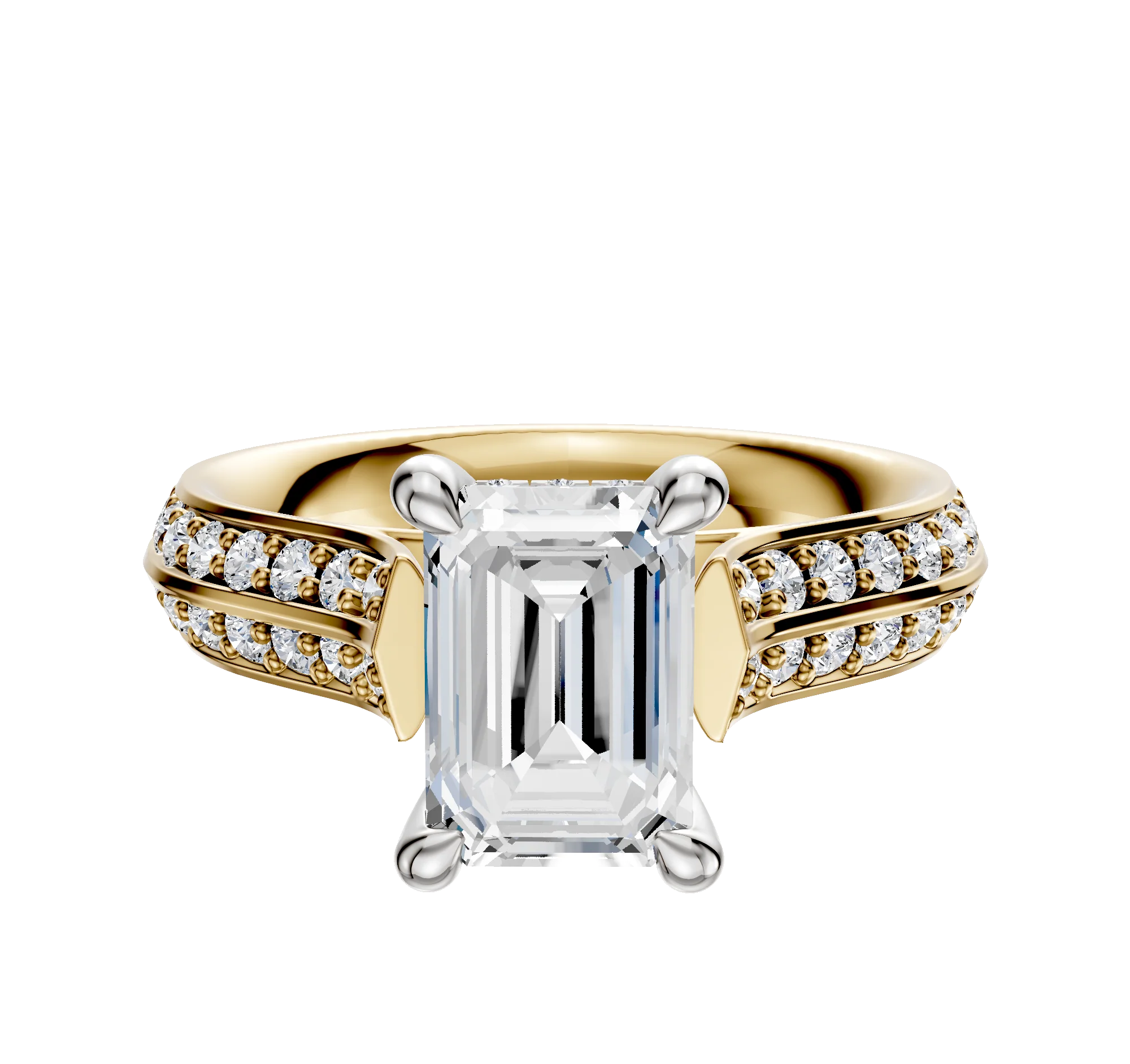 18K Two Tone 4 Prong Hidden Halo Cathedral Knife Edge 1-Row-Pave 2.5mm Engagement Ring