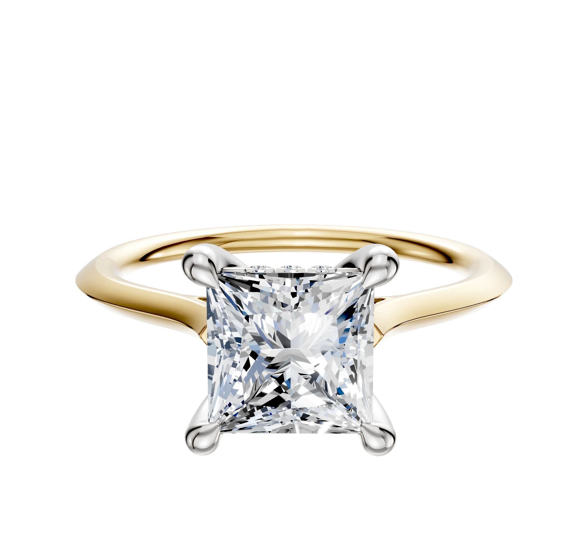 18K Two Tone 4 Prong Hidden Halo Cathedral Knife Edge 1.5mm Engagement Ring