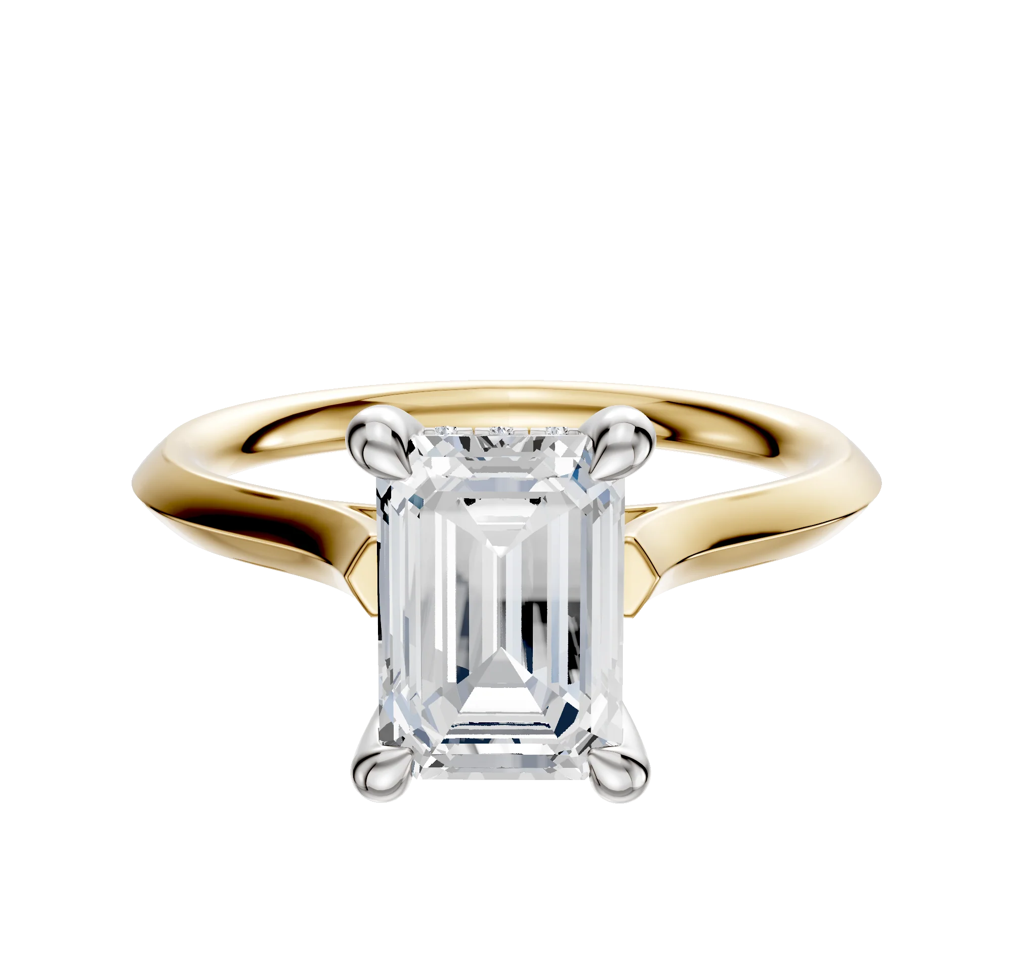 18K Two Tone 4 Prong Hidden Halo Cathedral Knife Edge 2.0mm Engagement Ring