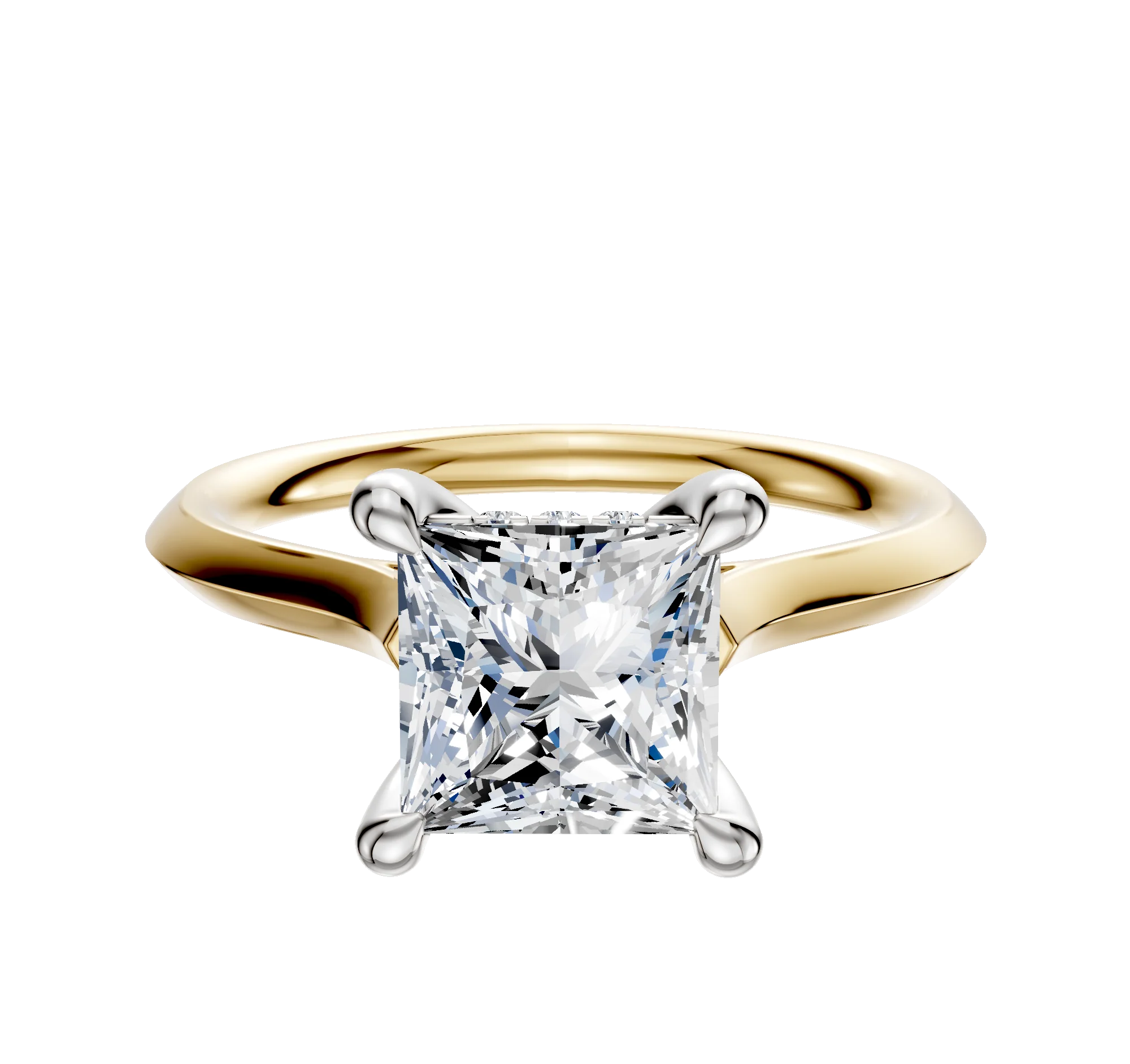 18K Two Tone 4 Prong Hidden Halo Cathedral Knife Edge 2.0mm Engagement Ring