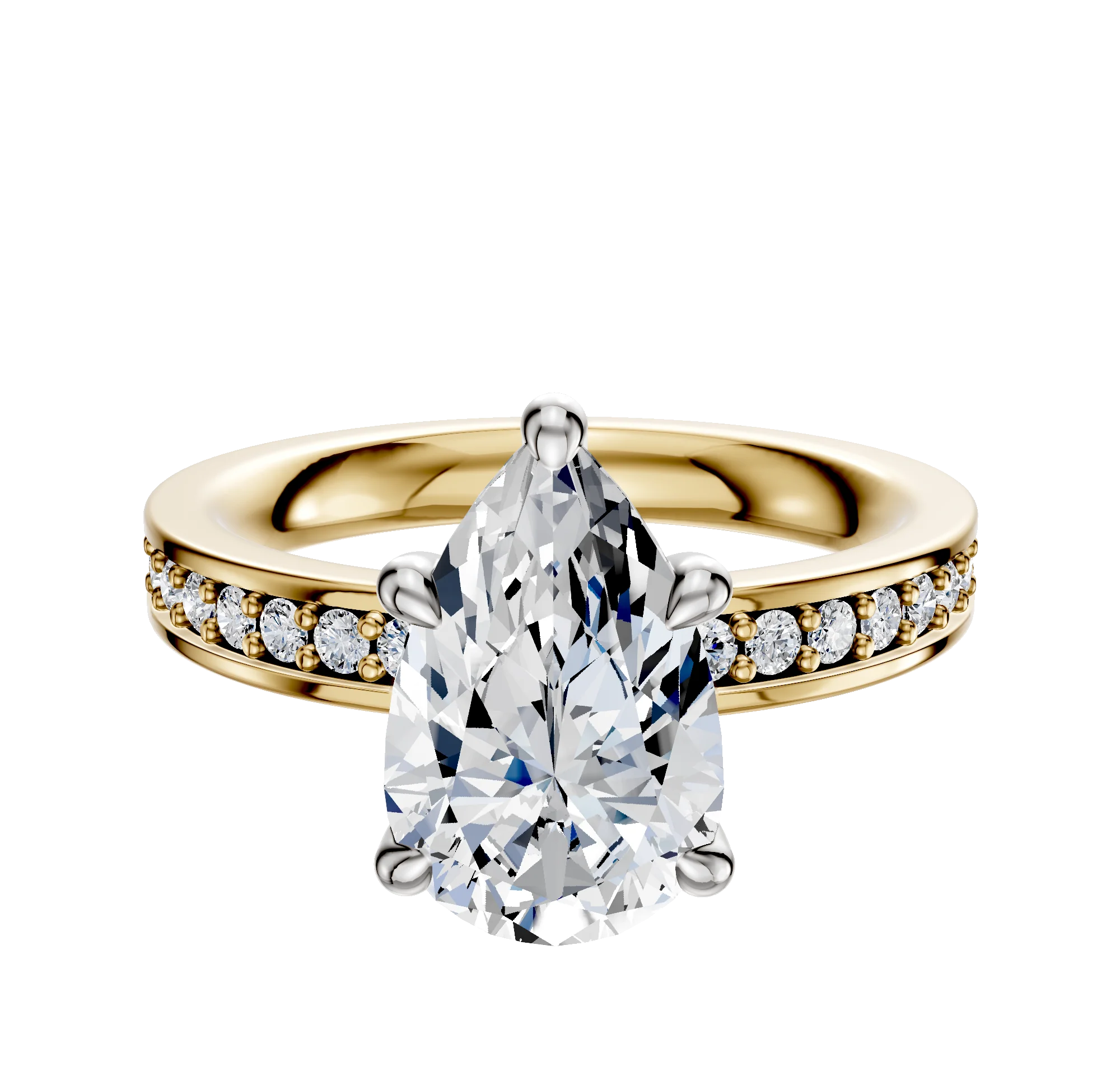 18K Two Tone 4 Prong Hidden Halo Classic Flat 1-Row-Pave 2.5mm Engagement Ring