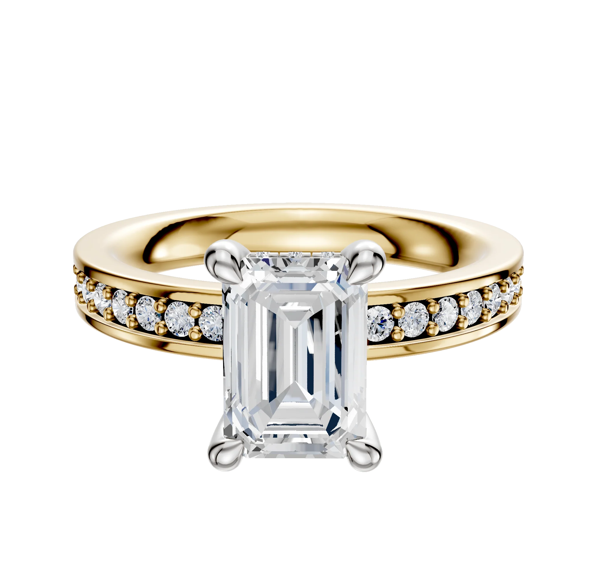 18K Two Tone 4 Prong Hidden Halo Classic Flat 1-Row-Pave 2.5mm Engagement Ring