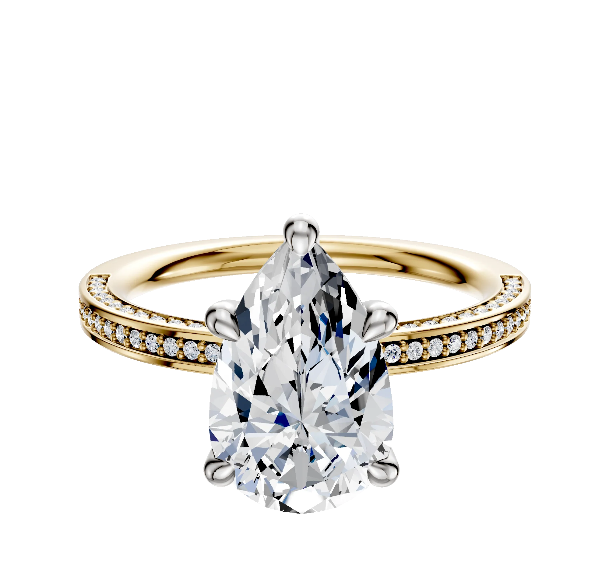 18K Two Tone 4 Prong Hidden Halo Classic Flat 3-Row-Pave 2.0mm Engagement Ring