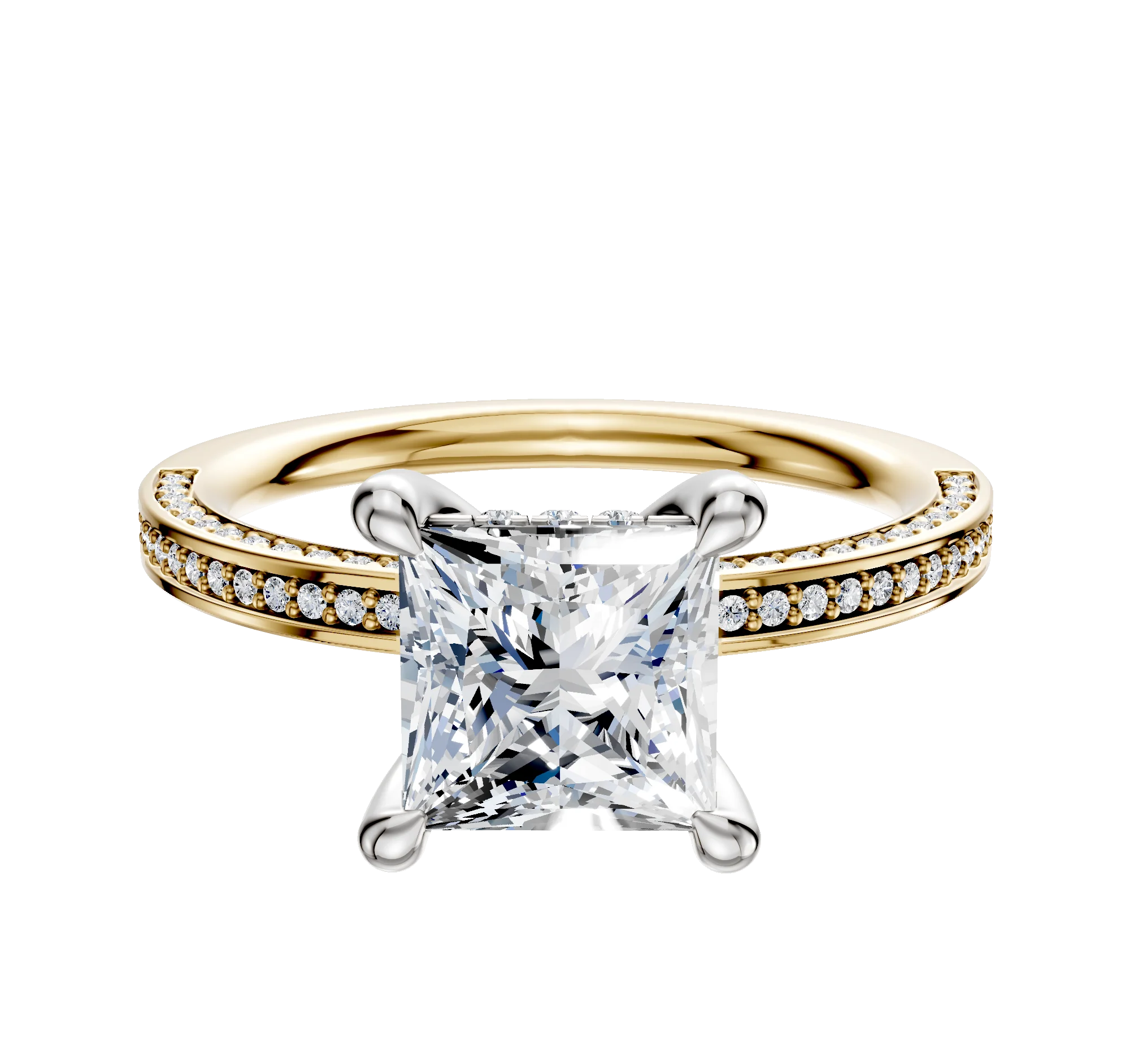 18K Two Tone 4 Prong Hidden Halo Classic Flat 3-Row-Pave 2.0mm Engagement Ring