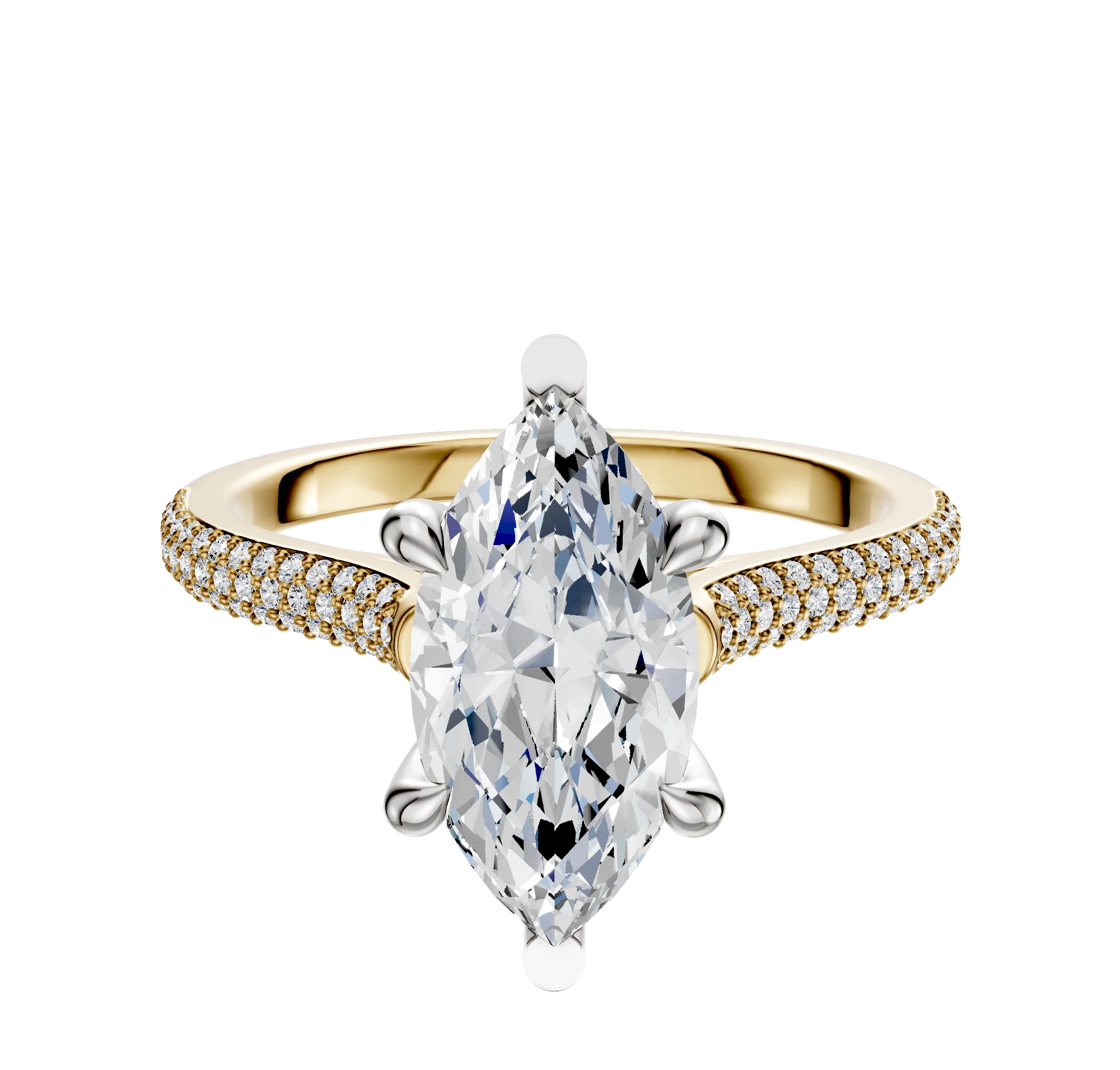 18K Two Tone 6 Prong Basket Cathedral Dome 3-Row-Pave 2.0mm Engagement Ring