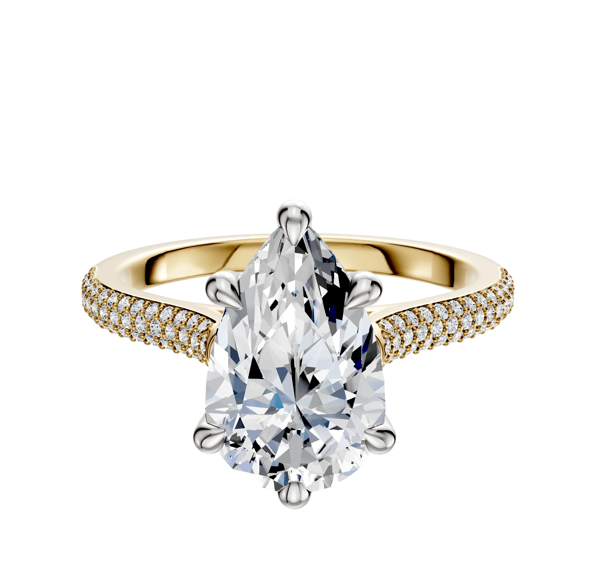 18K Two Tone 6 Prong Hidden Halo Cathedral Dome 3-Row-Pave 2.0mm Engagement Ring