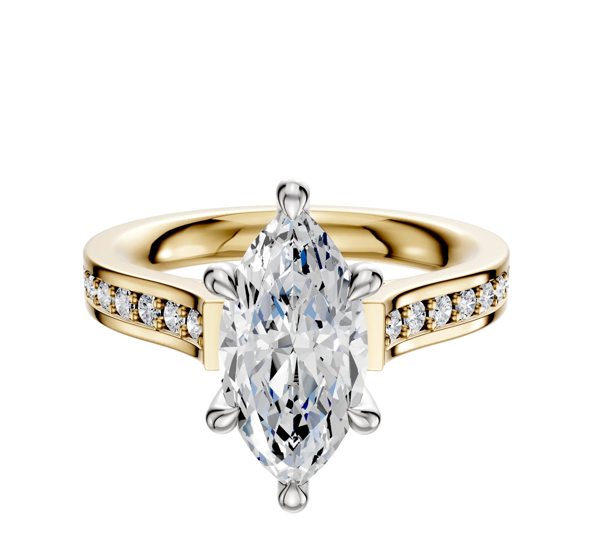 18K Two Tone 6 Prong Hidden Halo Cathedral Flat 1-Row-Pave 2.5mm Engagement Ring