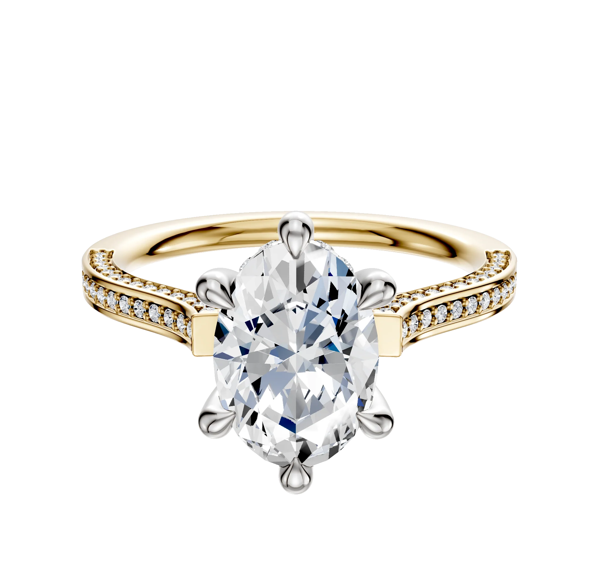 18K Two Tone 6 Prong Hidden Halo Cathedral Flat 3-Row-Pave 2.0mm Engagement Ring