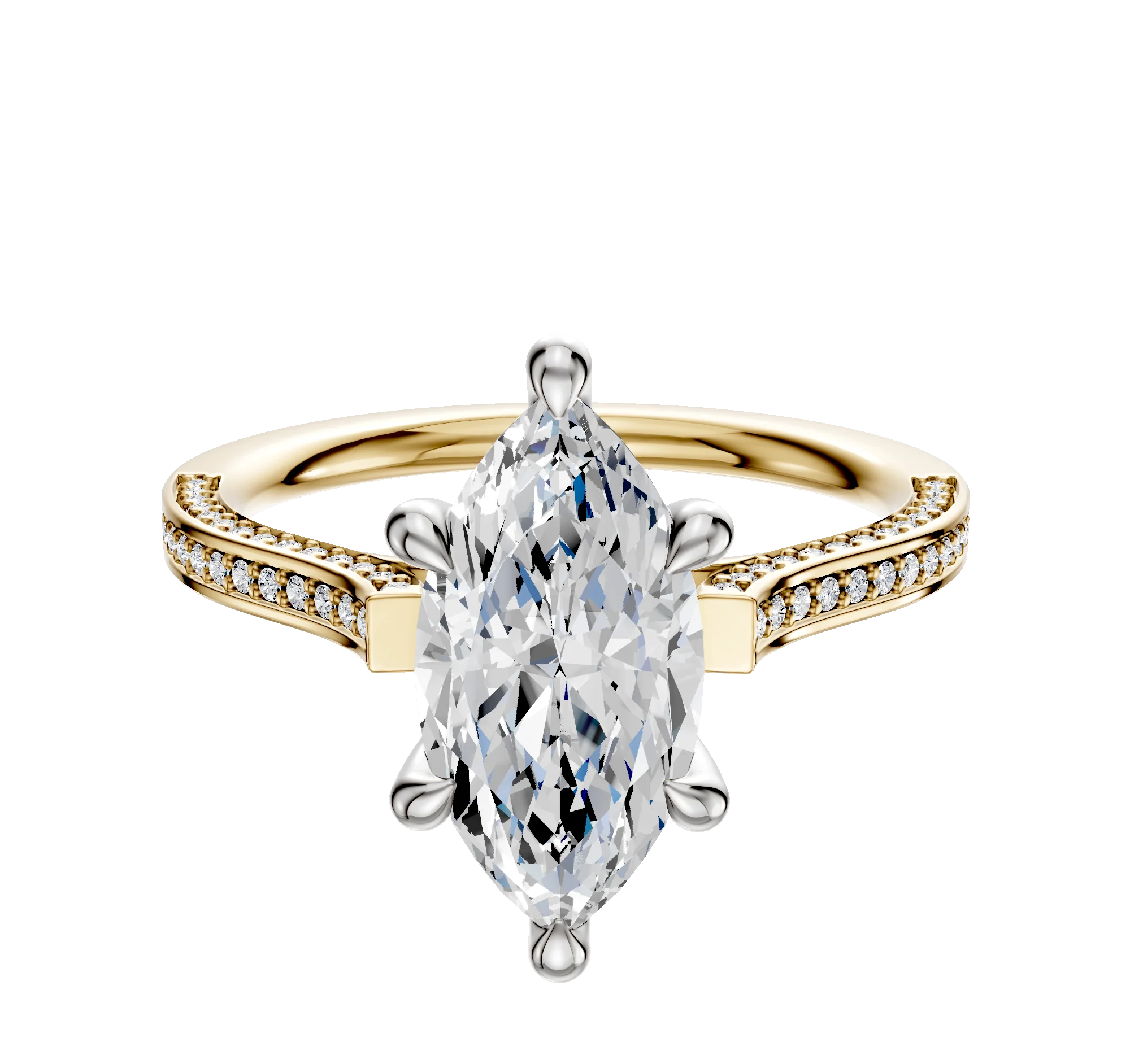 18K Two Tone 6 Prong Hidden Halo Cathedral Flat 3-Row-Pave 2.0mm Engagement Ring