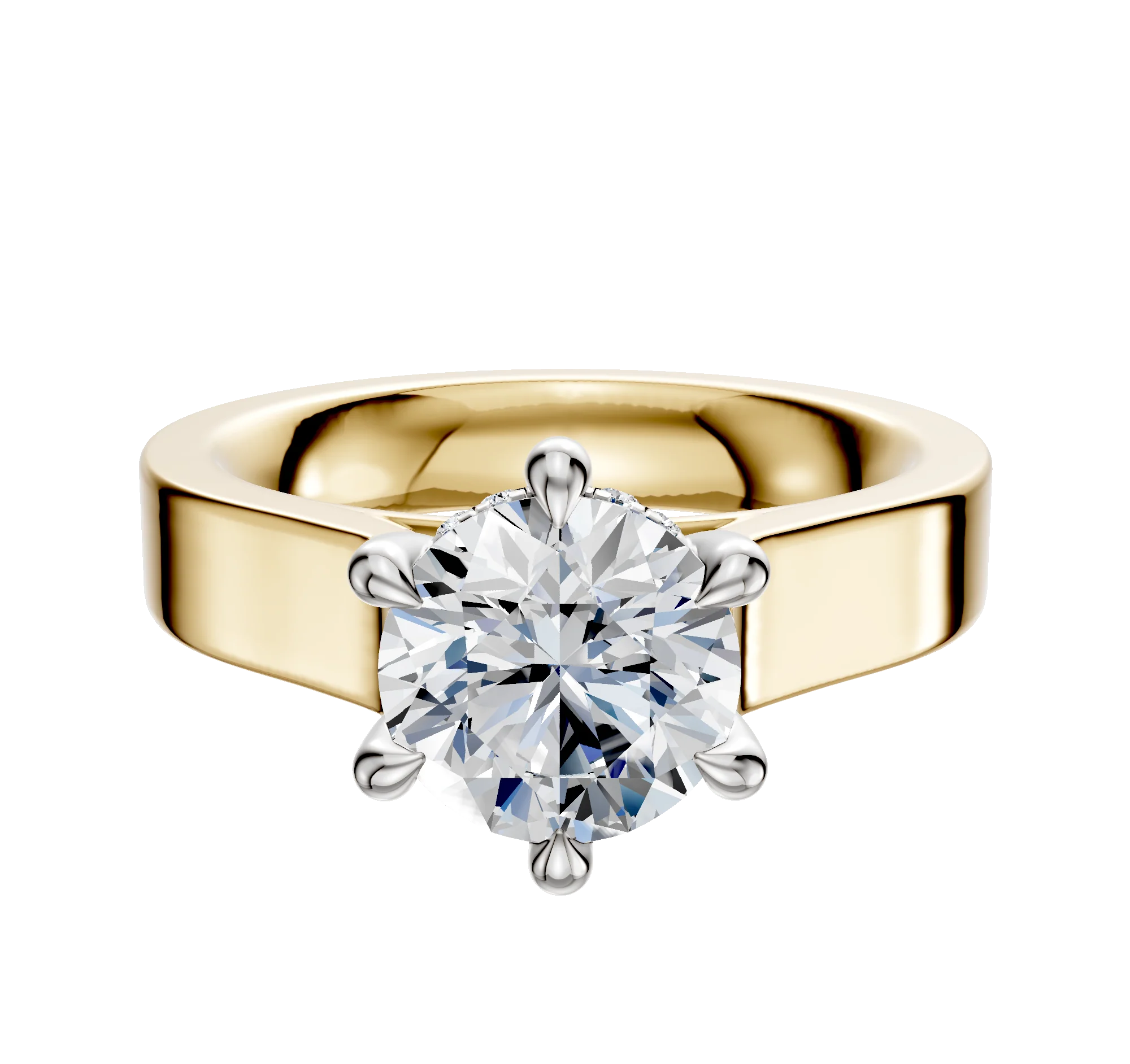 18K Two Tone 6 Prong Hidden Halo Cathedral Flat 4.0mm Engagement Ring